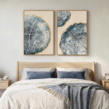 Framed Blue Tree Rings Canvas Wall Art for Bedroom, Set of 2 Large Abstract Wood Grain Prints Paintings, Navy Teal Modern Nature Artwork Decor for Living Room Office Hallway 24x36 Inch