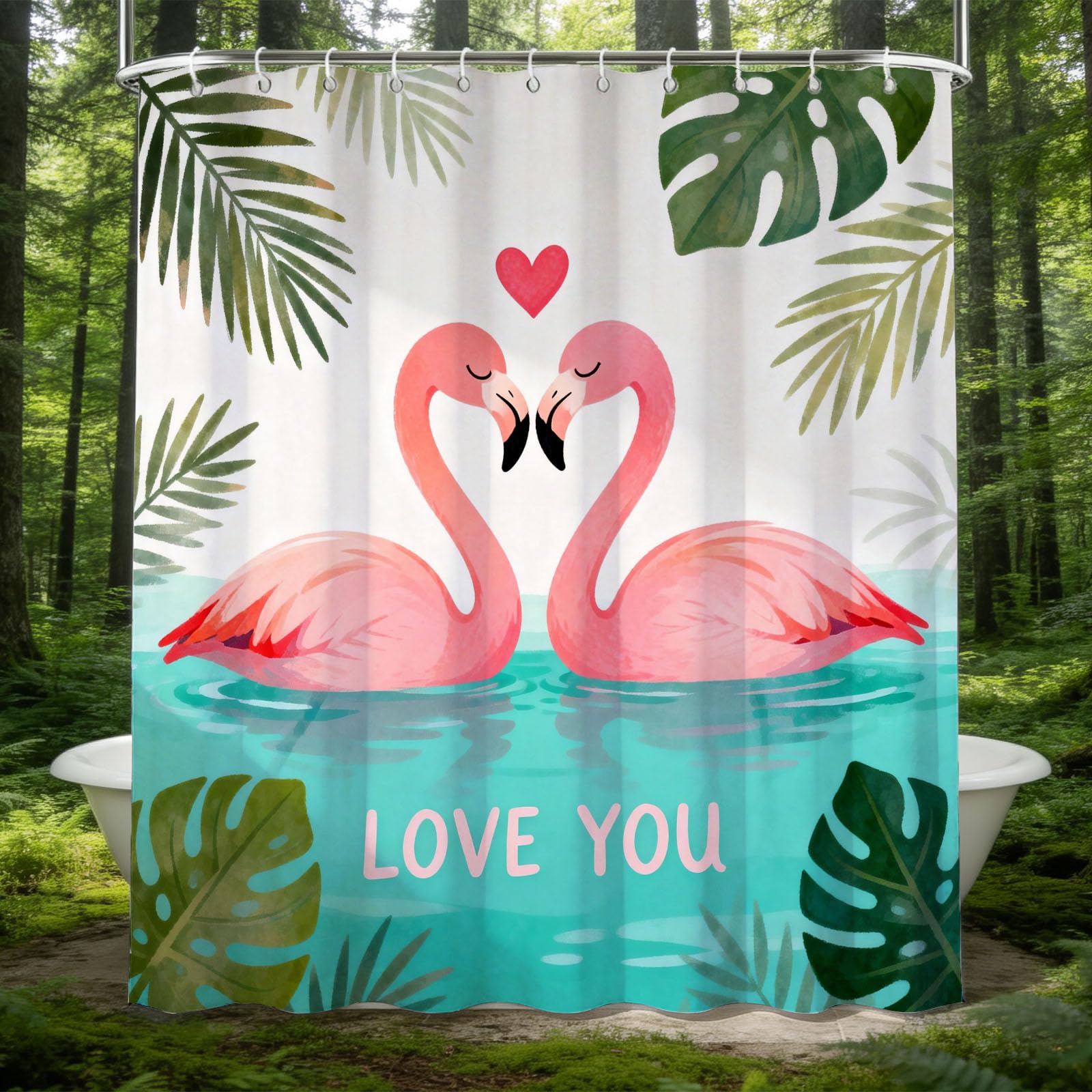 Hongduo 3D Couple Flamingo Shower Curtain for Stalls Bathtubs Tropical Plants Bathroom Decor Shower Curtain Set Polyester Fabric Waterproof 180x200cm/71X79 Inch with Hooks