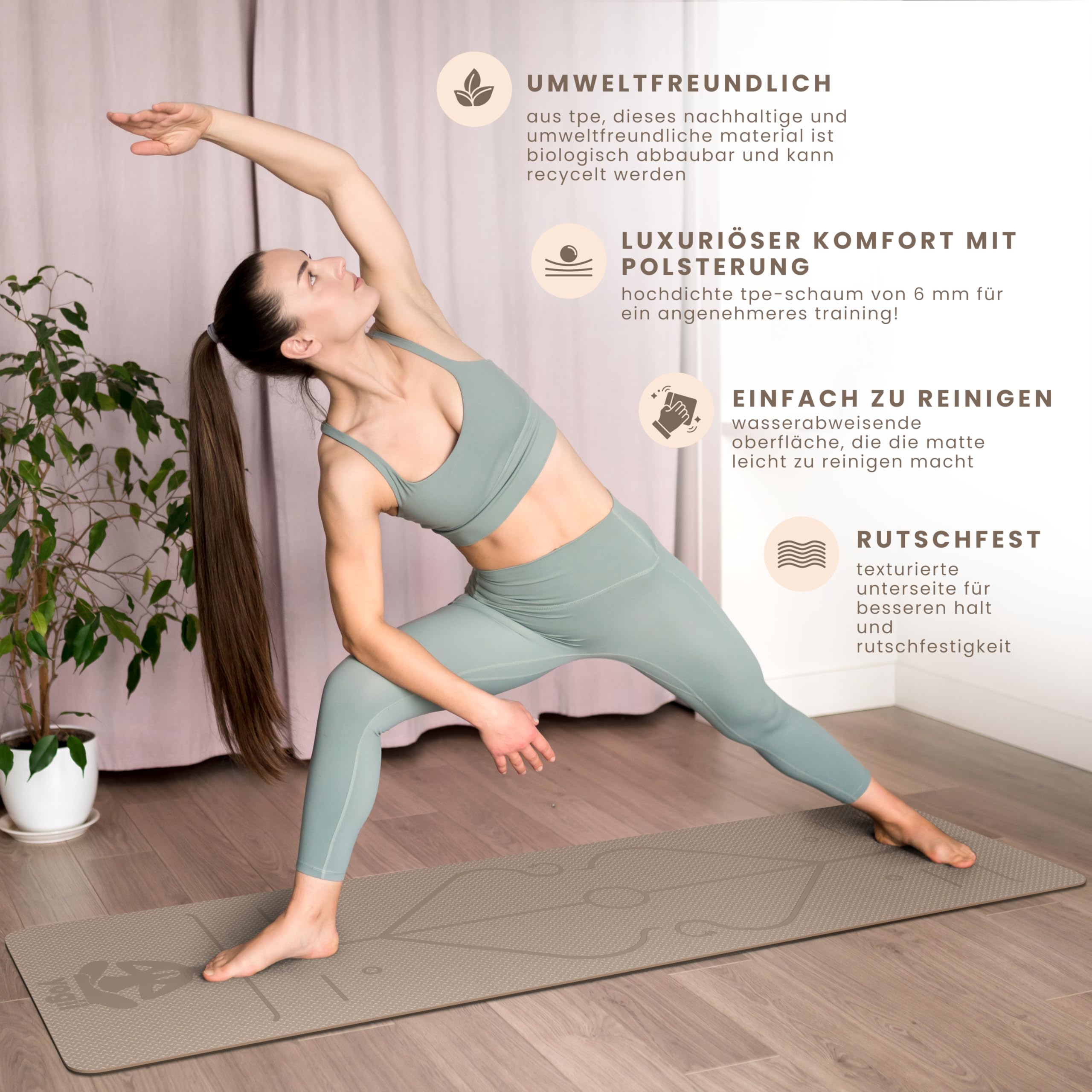 Yogii Yoga matte 6 mm rutschfest - TPE Fitnessmatte für Yoga, Pilates & Home Workout - Anti-Rutsch Sportmatte mit Alignment Linien - Gymnastikmatte für Damen & Herren