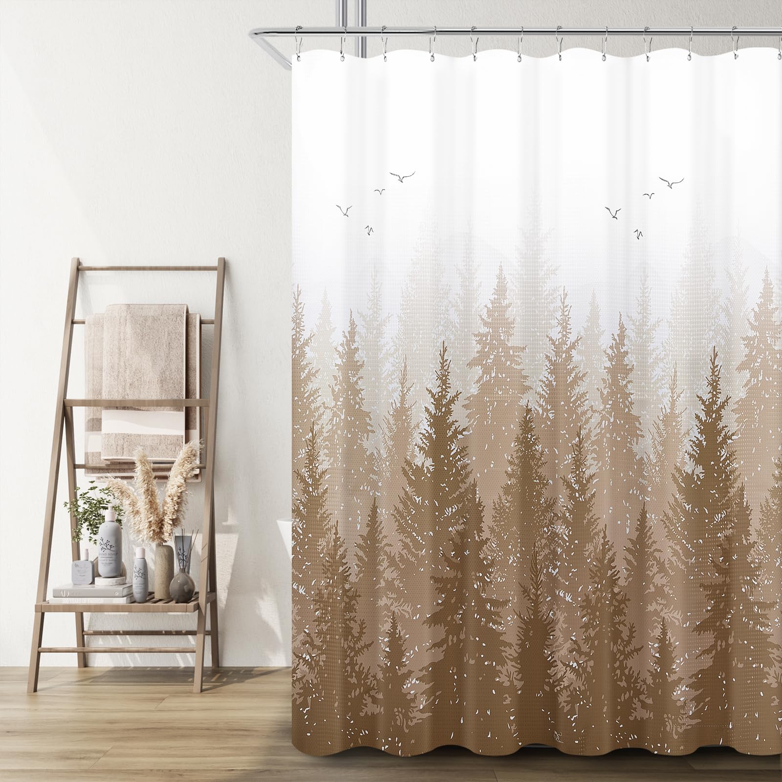Hokibero Brown Misty Forest Mountain Nature Tree Fabric Shower Curtains for Bathroom Waterproof Heavy Duty Green and White Woohitedland Shower Curtain Bathtubs Hotel, 72 x 84 inch