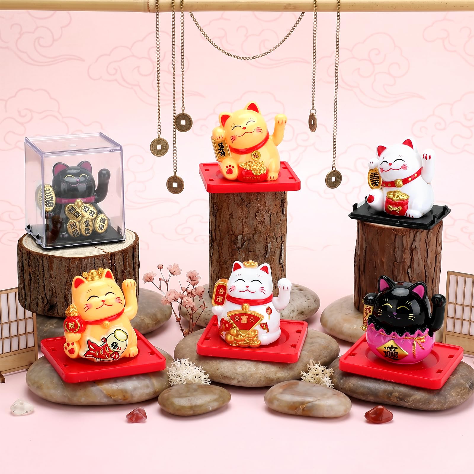 6 estatuas de gato de la suerte con brazo ondulante alimentado por energía solar, decoraciones vívidas y encantadoras de gato chino Maneki Neko Lucky Beckoning Feng Shui Fortuna Riqueza Gato