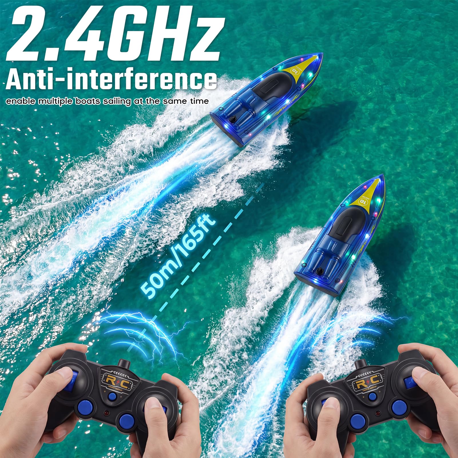 Barco Teledirigido, 2.4GHz Lancha Teledirigida con Luces LED, 2 Baterías, 90+ Mins, Alerta de batería baja, 15KM/H Barco RC para Piscinas Lagos, Juguete acuático para Adultos, niños de 14 años arriba