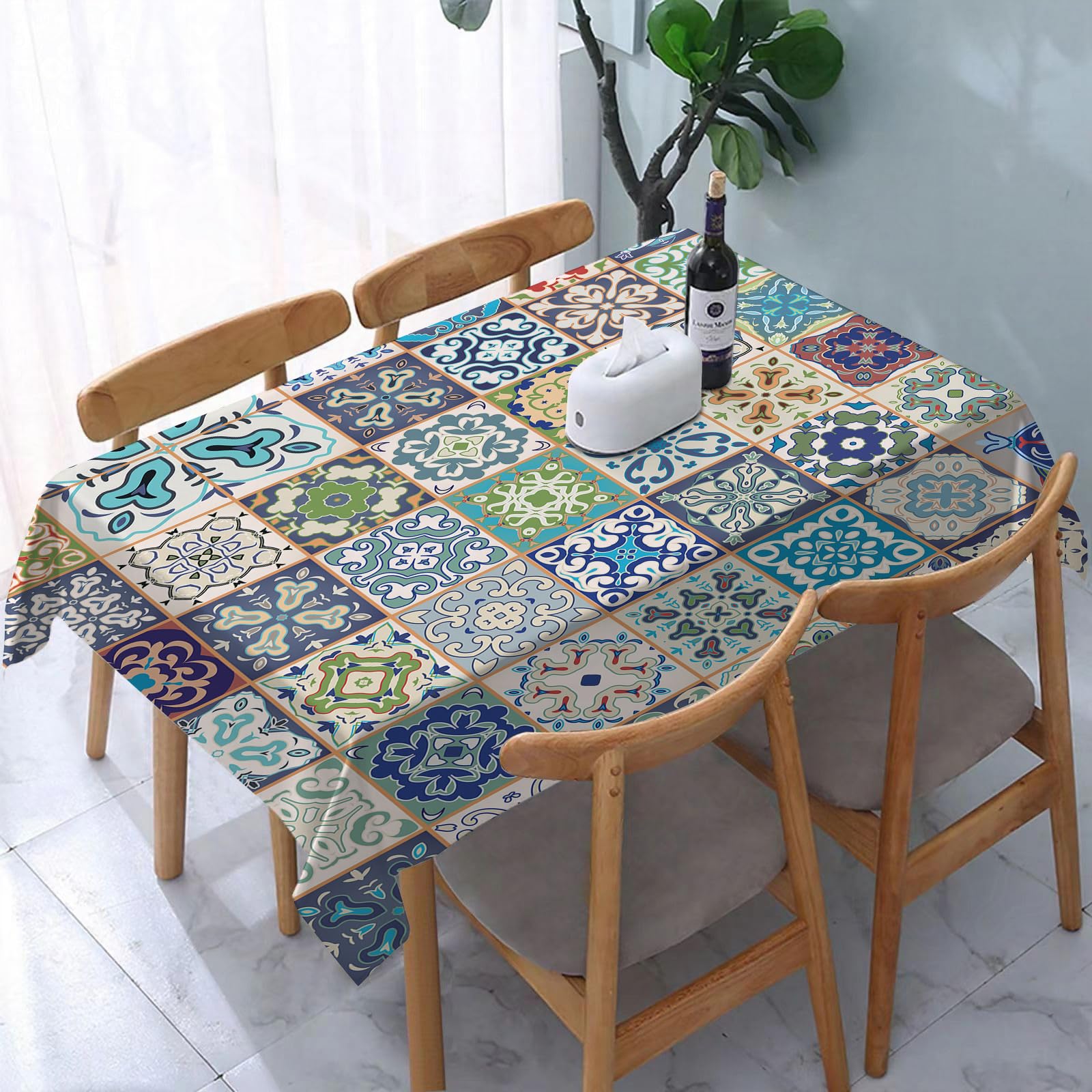YOIUE Tablecloth,Table Cloth for Rectangle,Moroccan Set,Floral Patchwork Design with Arabesque Figure and Shapes,Wrinkle Resistant Decorative Table Cover for Kitchen Dining Parties Picnic 54 x 72 in