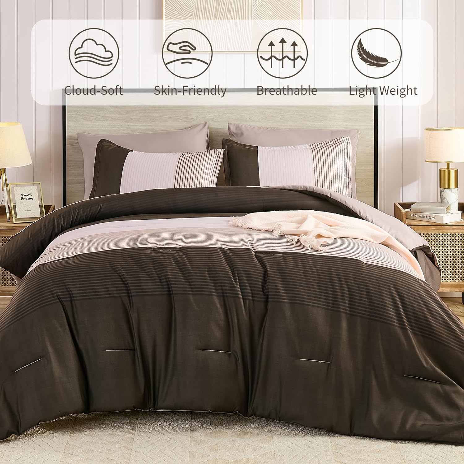 Anibedding Brown Queen Comforter Set 7 Pieces, Chocolate and White Patchwork Striped Bed in a Bag with Sheet Pillowcase for Queen Bed All Season - Image 6