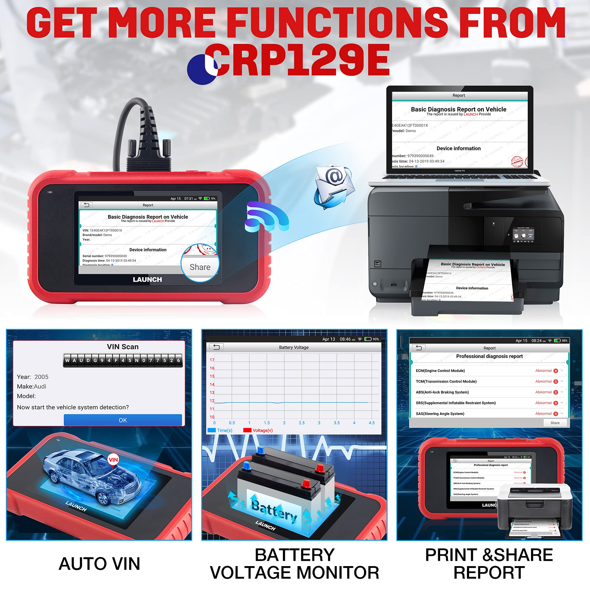 LAUNCH OBD2 Scanner-2022 New CRP129E Scan Tool TCM ENG ABS SRS Code Reader, Oil/EPB/TPMS/SAS/Throttle Reset Diagnostic Tool,AutoVIN,Free Lifetime Update,Upgraded of CRP123,CRP123E