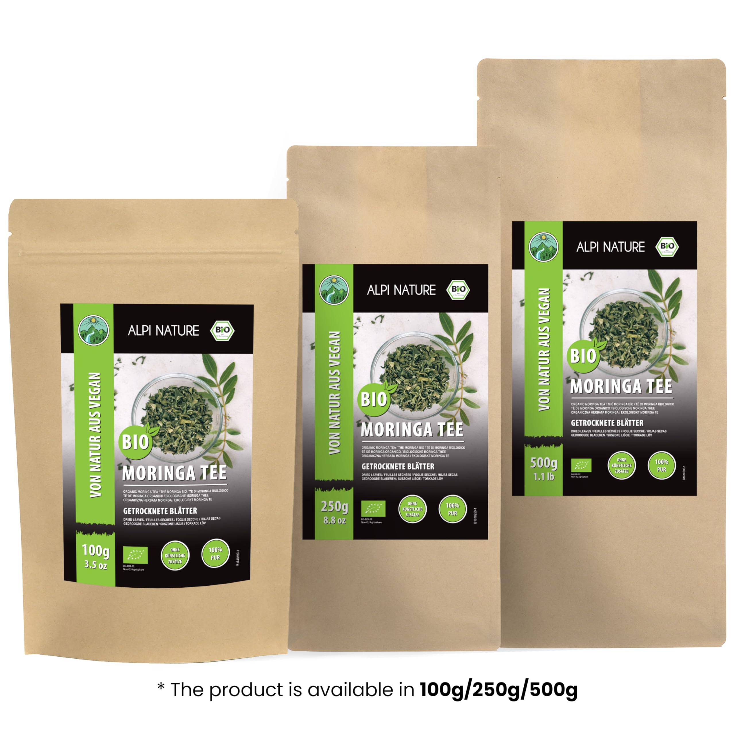 Alpi Nature Ekologiczna Moringa 100g, Suszone i Cięte Liście Moringi, Ziołowa Herbata Liściasta