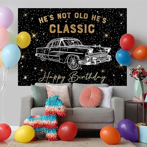 Miniatura 6 de Aperturee Telón de fondo retro para automóvil de 7 x 5 pies para fiesta de cumpleaños, Hes Not Old Hes Classic 1950s Vintage Car Funny Classic Car