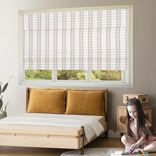 Miniatura 2 de Persianas romanas de bambú inalámbricas para ventanas, persianas de madera tejida natural color blanco concha marina con cenefa de 6 pulgadas de