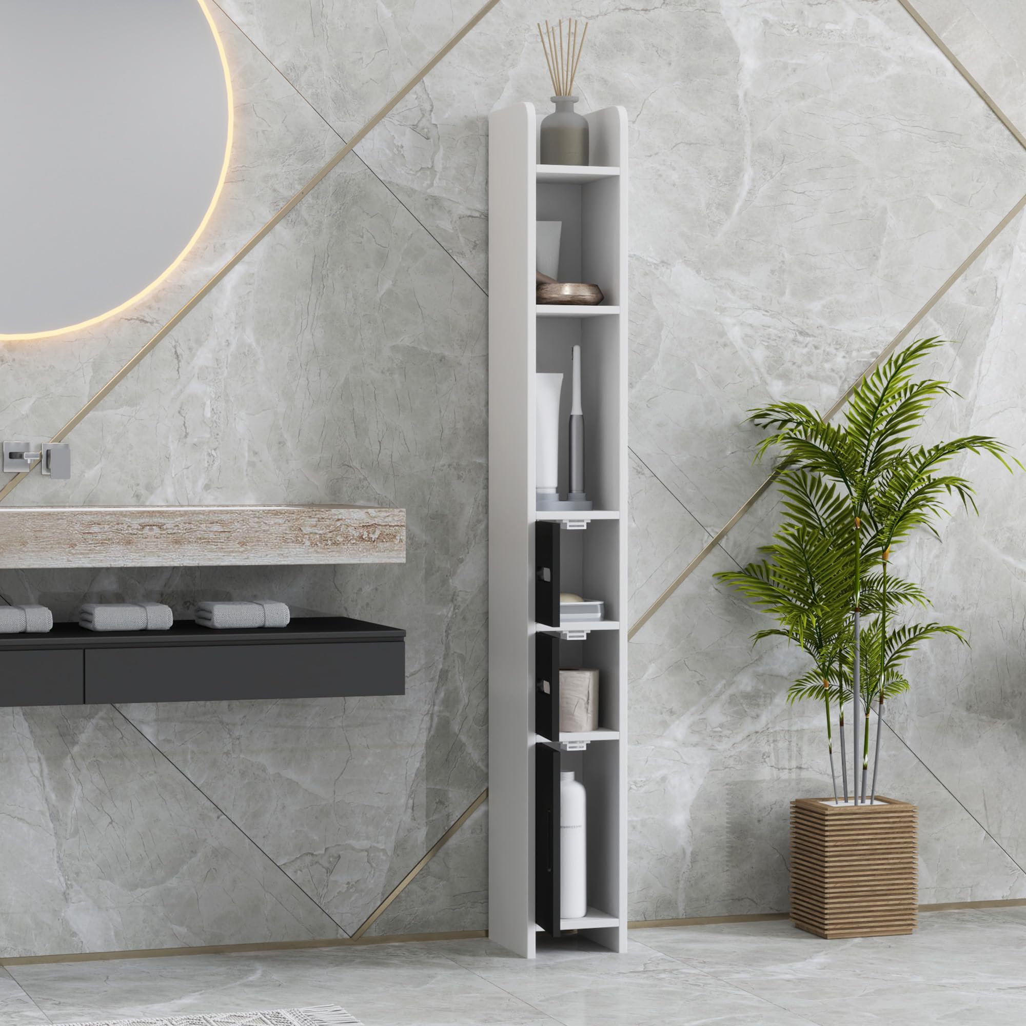 kleankin Mobiletto Bagno Salvaspazio a Colonna con 3 Mensole e 3 Armadietti, Colonna Bagno in Legno per Salotto, Soggiorno, Cucina, 15x17x120 cm, Bianco e Nero