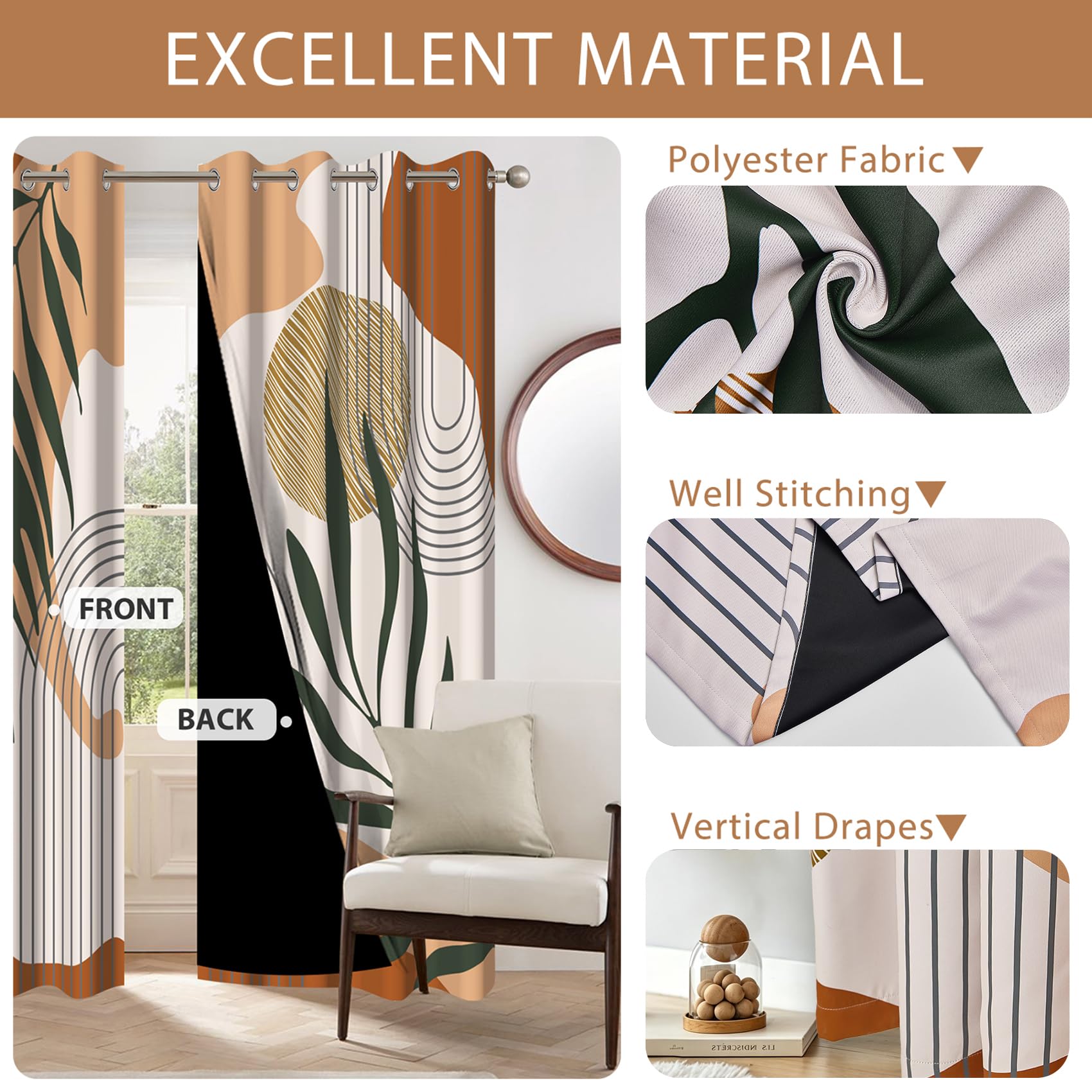 Tende Boho Astratta, Tende Oscuranti Foglie Verde Terracotta Geometrico Tende Termiche Isolanti Freddo Tende Oscurante con Occhiello per Camera de Letto Interni Soggiorno, 2 Pezzi, 140x225cm
