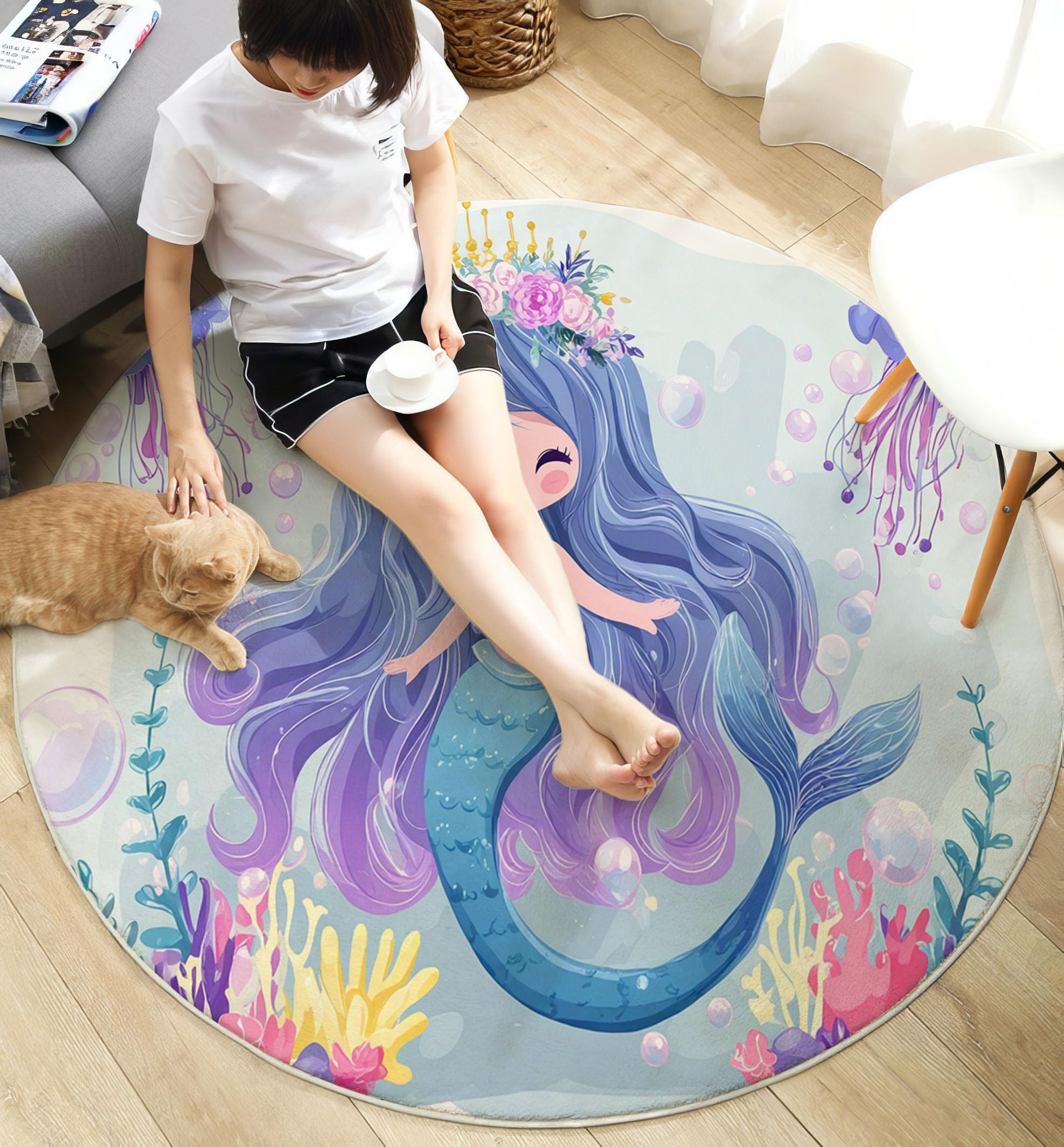 Waschbarer Teppich Rund 120Cm Süße Cartoon-Meerjungfrau-Prinzessin Teppiche Schlafzimmer - Waschbarer Kurzflor-Runder Teppich Mit Rutschfester Unterseite Für Esszimmer & Sund Kinderzimmer Hellblau