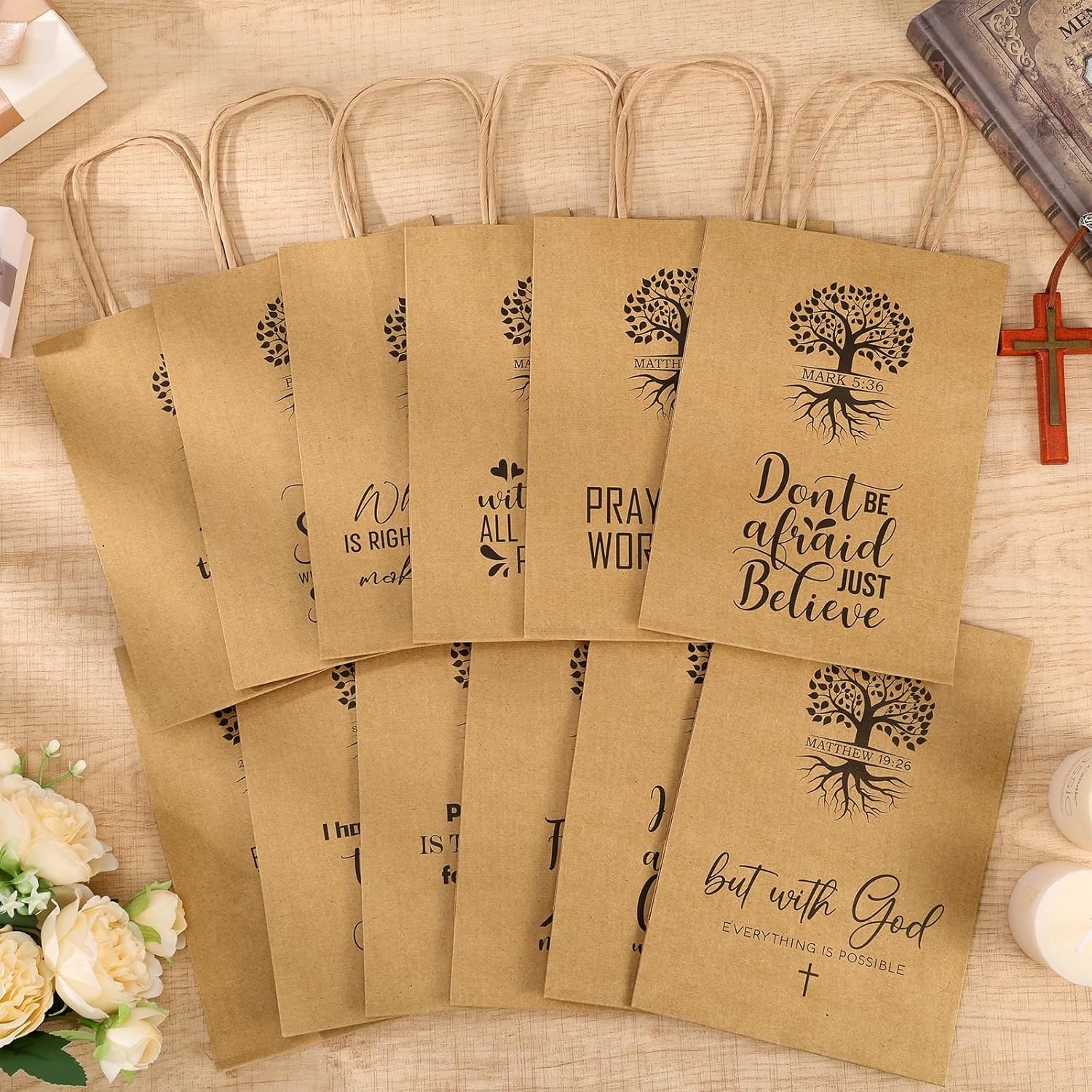 60 PCS Christian Gift Bags Bulk Religious Brown Kraft Paper Bags with Handles Bible Verse Inspirational Designs for Church Welcome Gifts Pastor Family Baptism Reunion