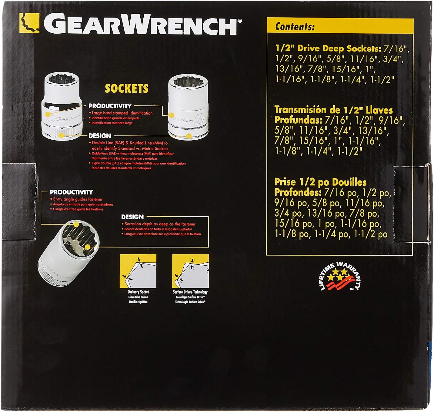 GEARWRENCH 14 Pc. 1/2" Drive 12 Pt. Deep Socket Set, SAE - 80732