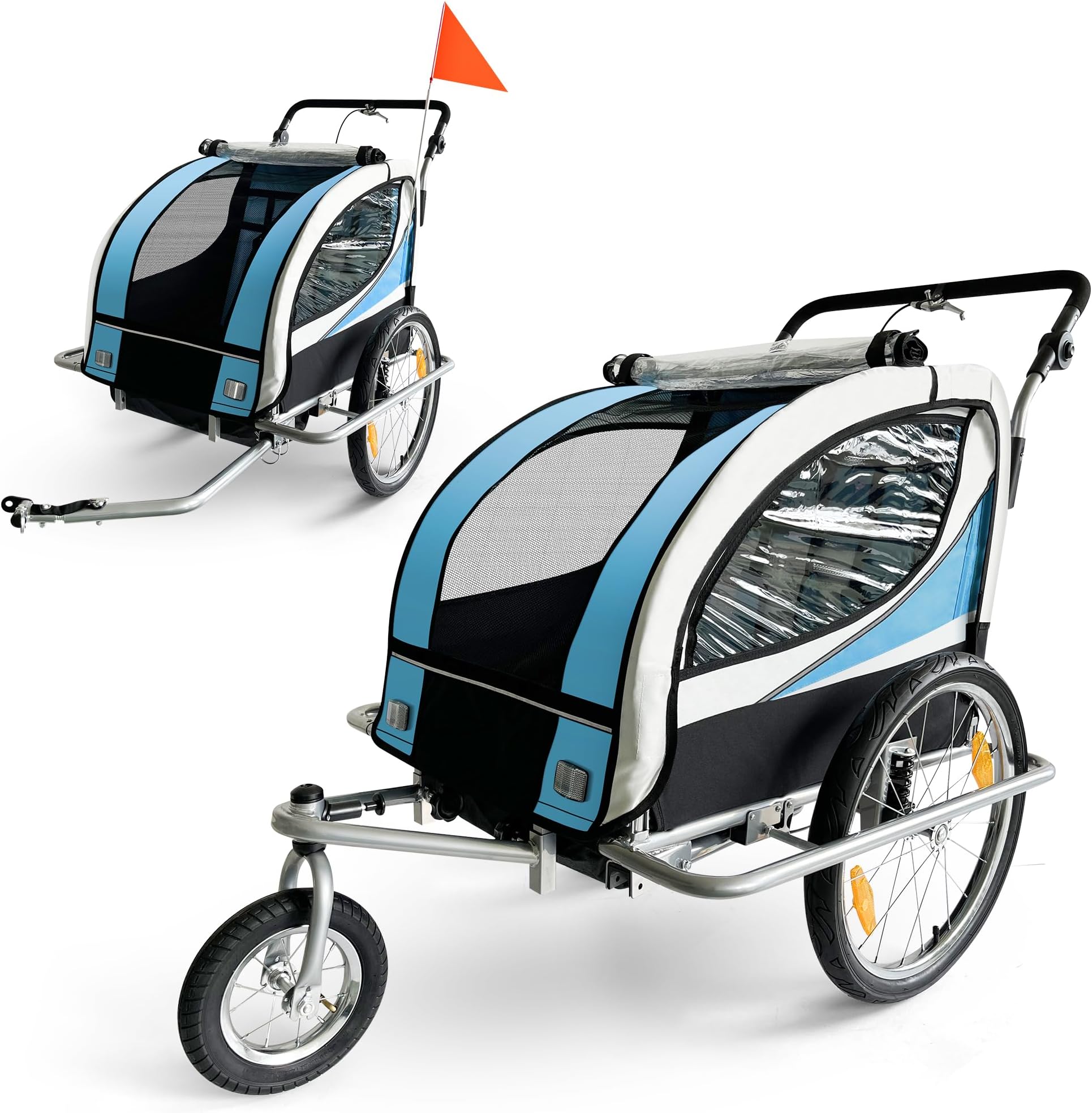 SAMAX Children Bike Trailer 2in1 Kids Jogger Stroller with Suspension 360° rotatable Childs Bicycle Trailer Transport Buggy Carrier for 2 Kids in Blue - Silver Frame