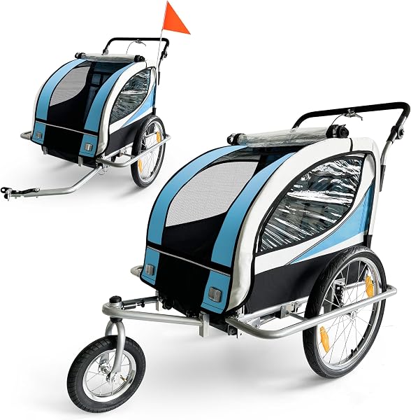 SAMAX Remorque Vélo Convertible Jogger 2en1 360° Rotatif pour 2 Enfants Amortisseur Transport Poussette en différentes Couleurs - 1