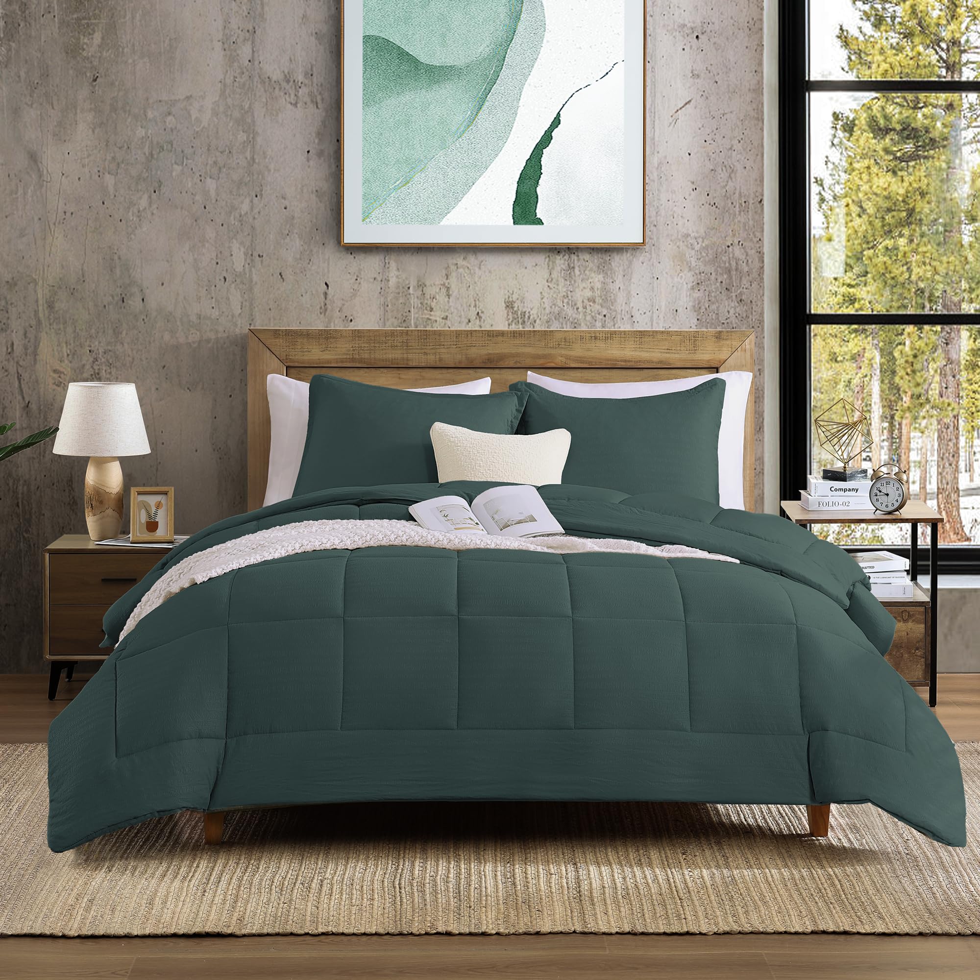 Monbix Queen Size Comforter Sets,Queen Bedding Set 3 Piece, All Seasons Comforters,Fluffy Bed Set Warm Bed Set Queen with Shams (Dark Green, Queen, 90''x90'')