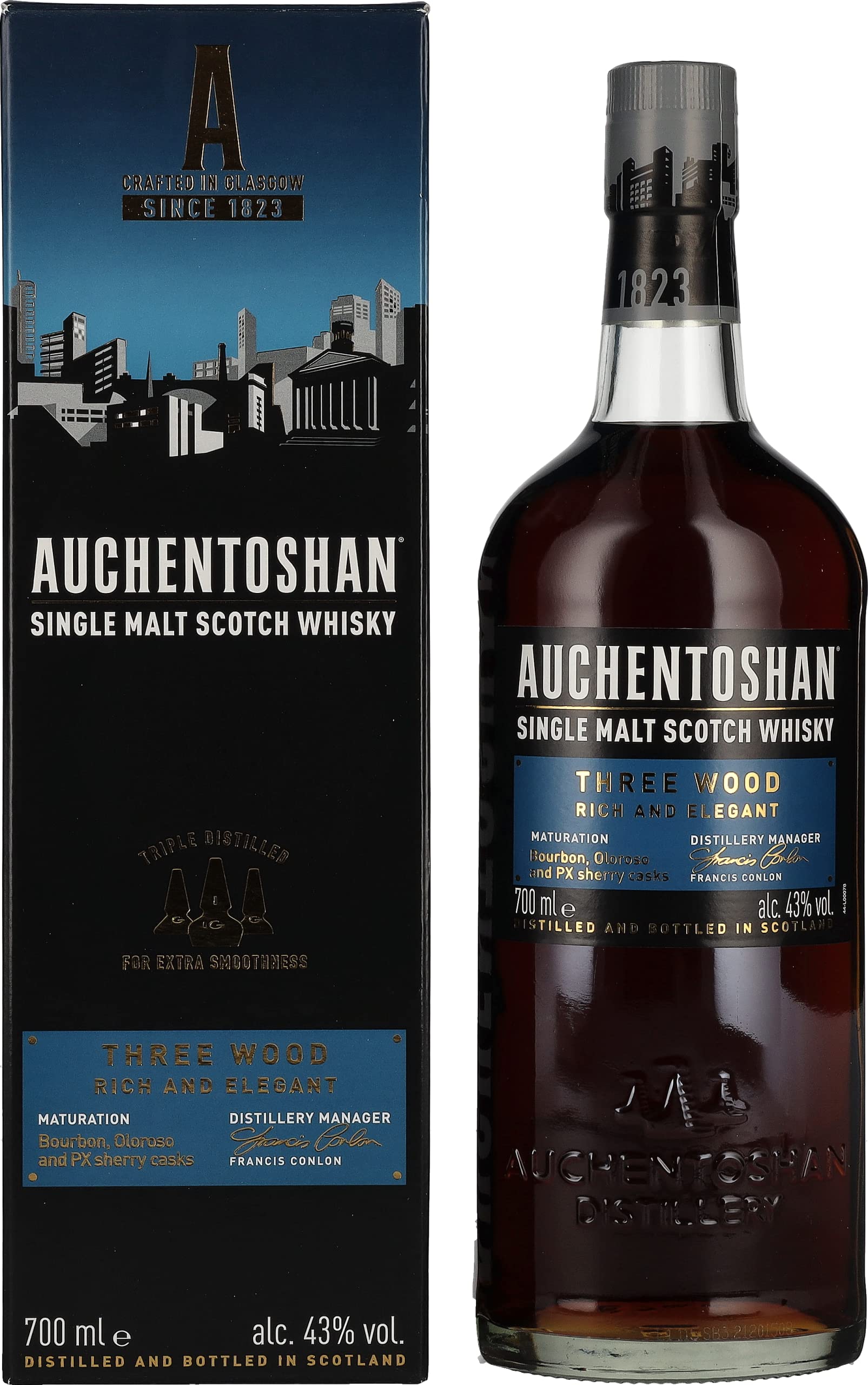 Auchentoshan THREE WOOD Single Malt Scotch Whisky 43% Vol. 0,7l in Geschenkbox