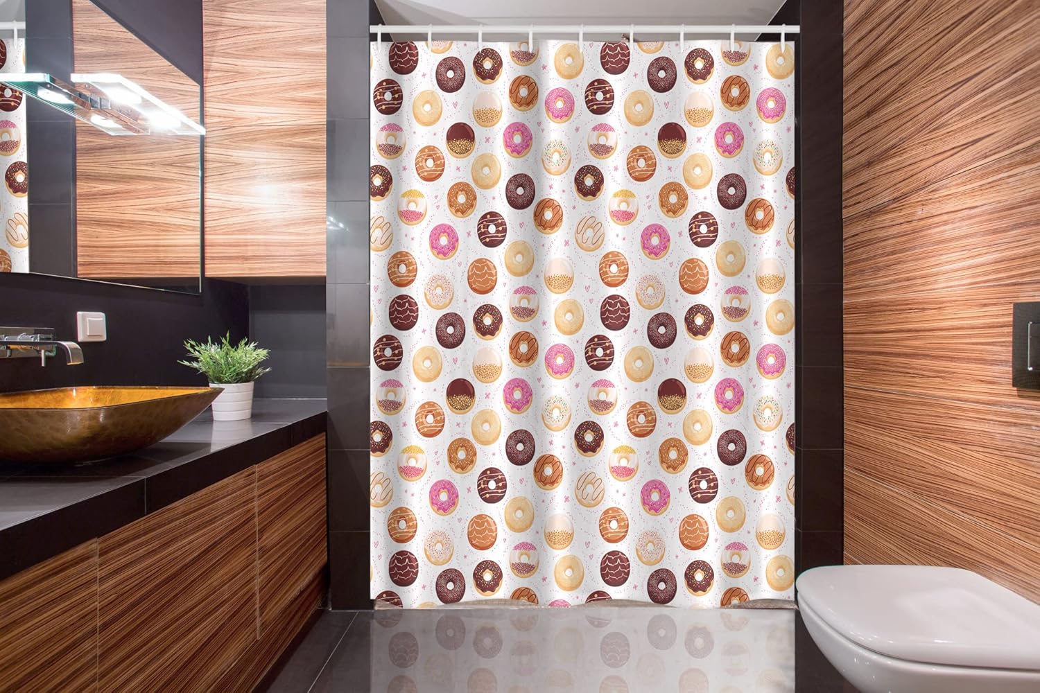 Ambesonne Food Stall Shower Curtain, Donuts and Little Hearts Pattern Colorful Yummy Delicious Desserts Print, Fabric Bathroom Decor Set with Hooks, 54" W x 78" L, Pink Brown