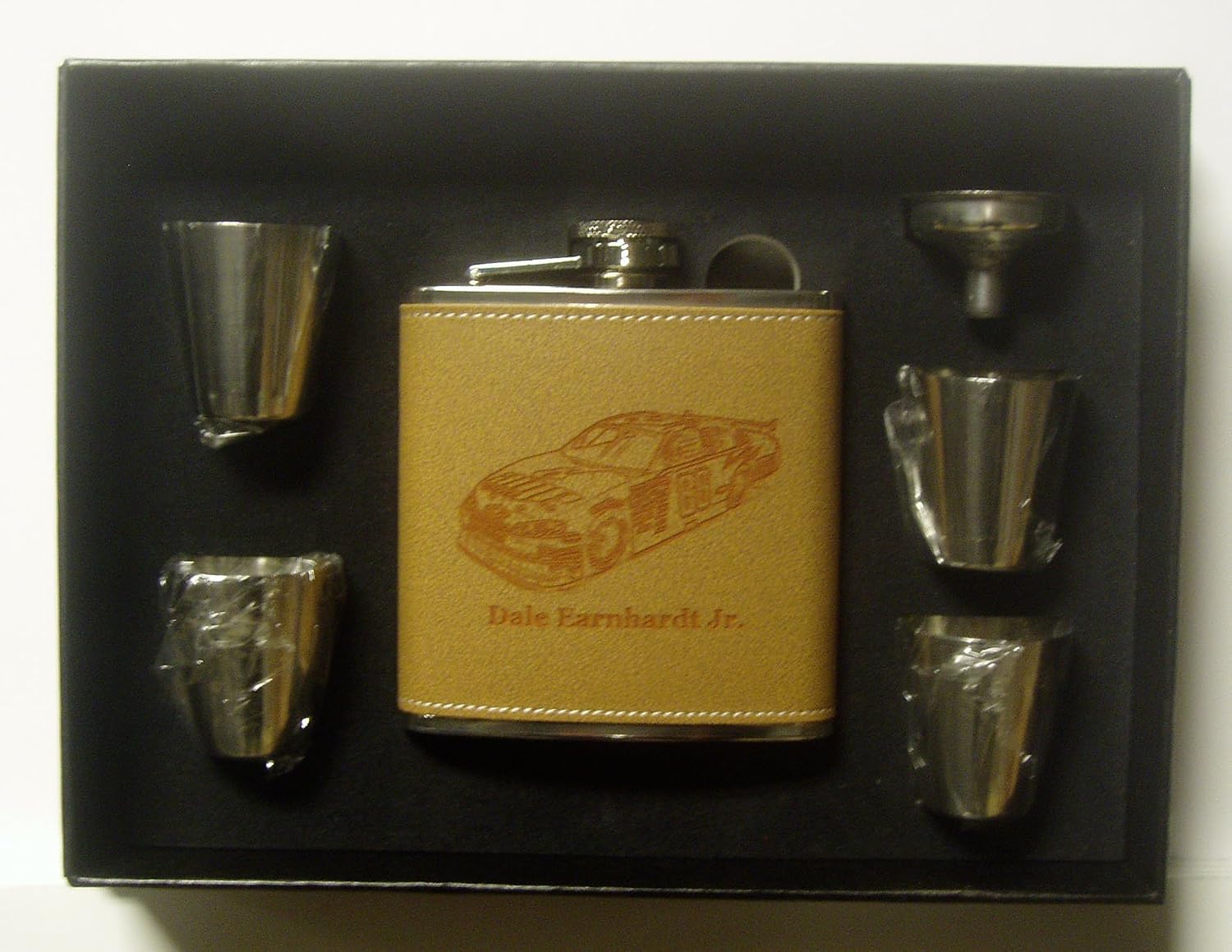 Dale Earnhardt Jr 6 oz Leather Engraved Stainless Steel Flask with 4 Stainless Steel Shot Glasses and a Funnel in a Black Presentation Box