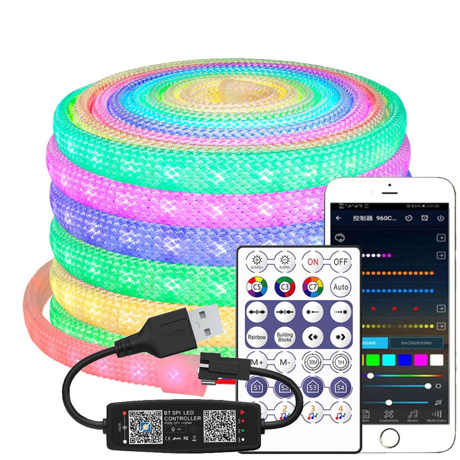 UMOBXKIFN 1pcs DC5V WS2812B Elliptical Reticulate Pattern Neon Addressable LED Strip WS2812 60Leds/m 360Degree Smart Silicone Led Light IP67(28Keys Bluetooth Set,4m)