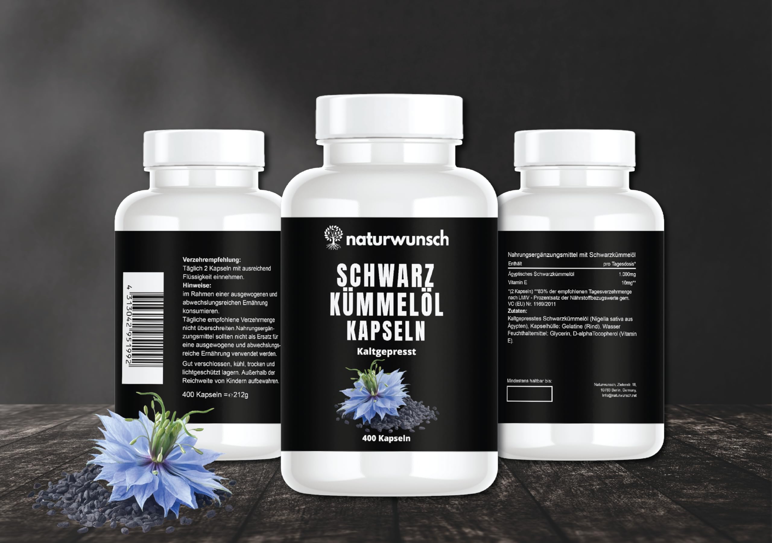 naturwunsch Schwarzkümmelöl kaltgepresst - 400 Kapseln Nigella sativa, Mühlenfrisch in Deutschland hergestellt - 1000 mg Tagesdosis für 6,5 Monate