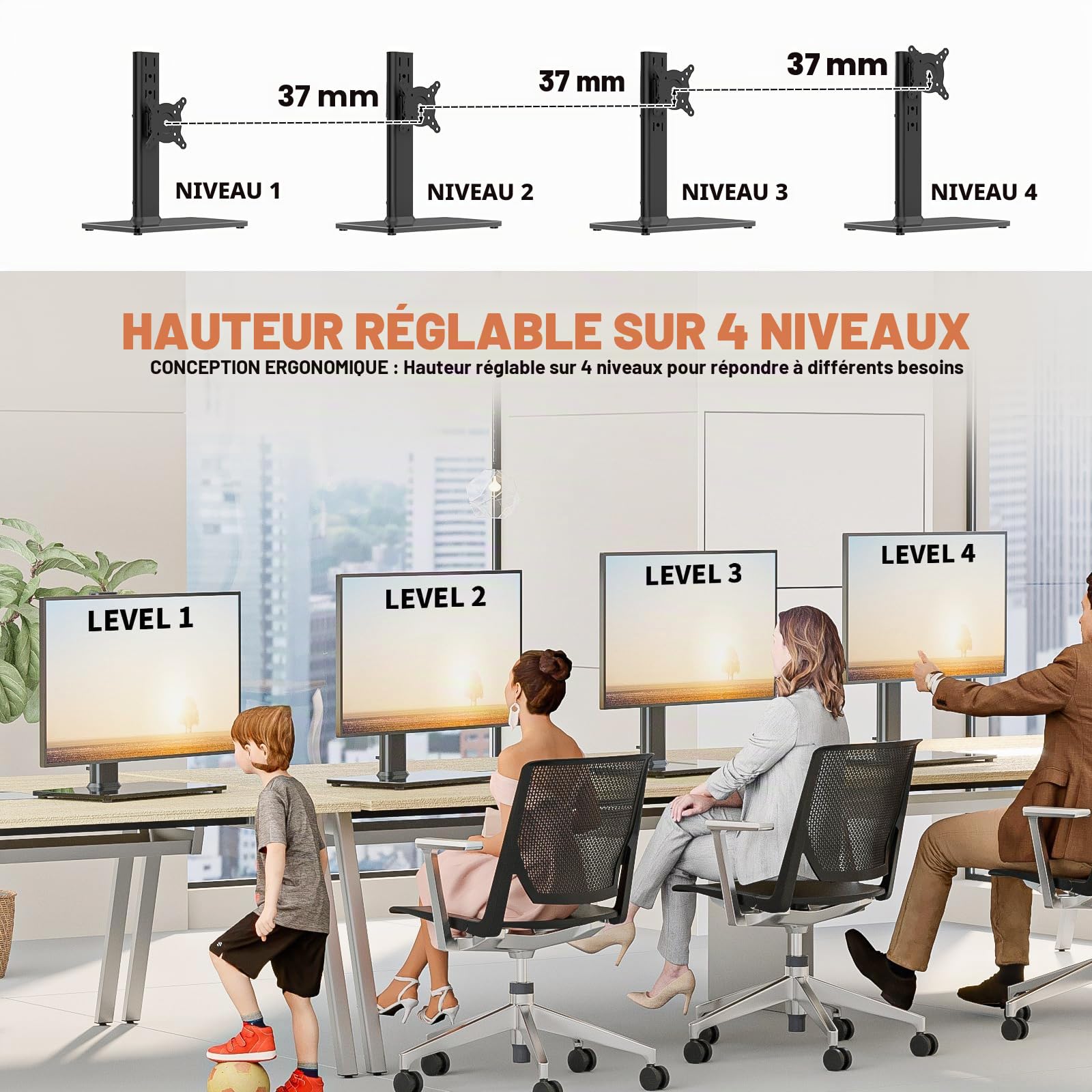 Hemudu Support de Bureau Simple pour écran LCD 13"-32" avec Pivot, Hauteur réglable, Rotation, 35 kg