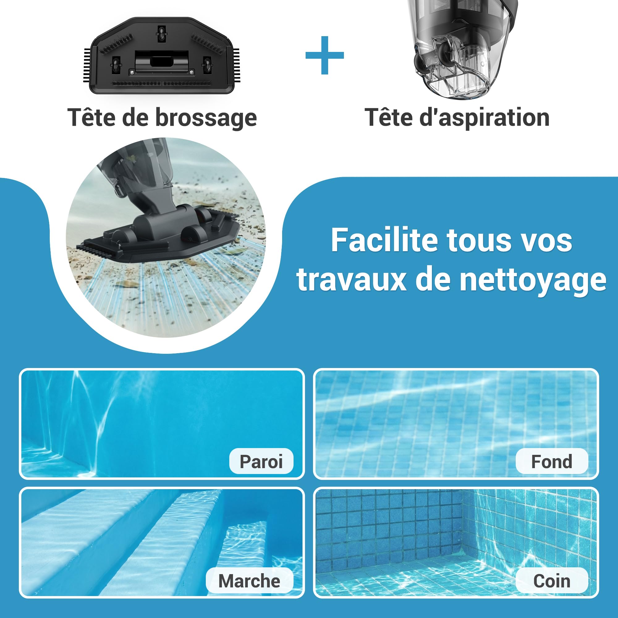 Aspirateur de Piscine sans Fil 2 en 1 pour Piscine Hors-Sol et Jacuzzi – Aspirateur à Main Rechargeable avec Tige télescopique et Filtre Fin Lavable, idéal pour Les spas, piscines Hors-Sol et Petites
