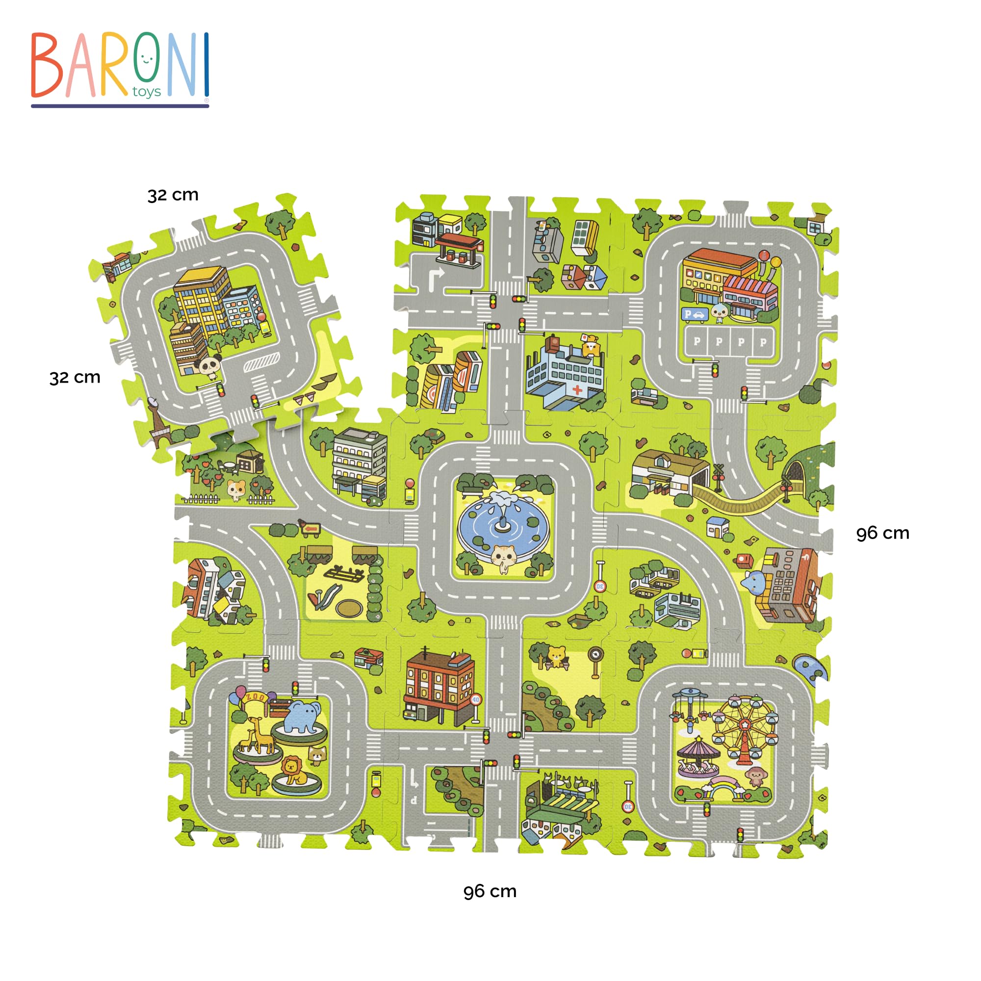 Baroni Toys Tapis Puzzle pour Enfants en EVA 9 Pièces avec Graphiques de Rues, Tapis en Mousse à Emboîter, Matériau Sûr et Non Toxique, 32x32 cm