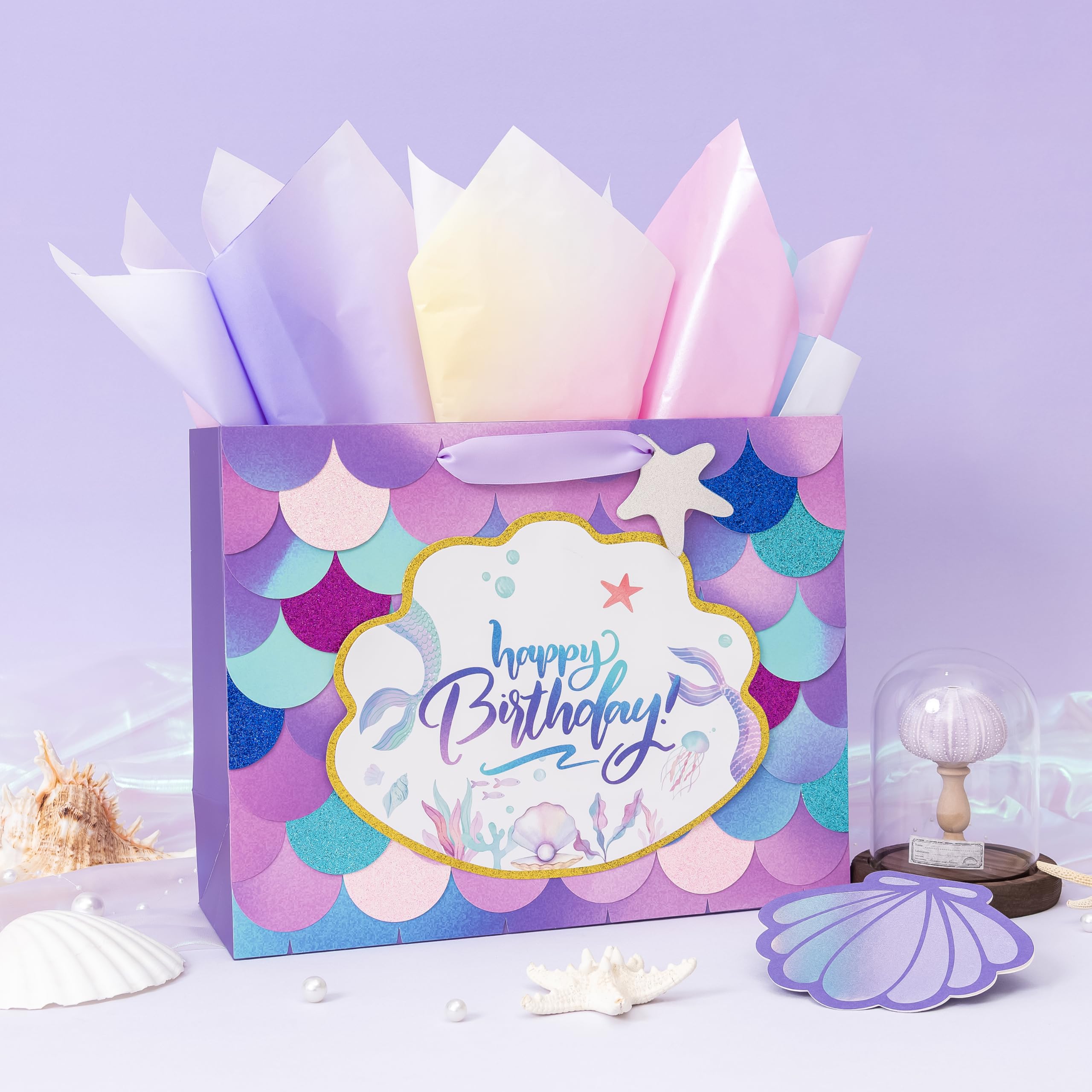 Crisky Mermaid Birthday Gift Bags for Girls with Tissue Paper and Seashell Card - 3 D Bling Design - Mermaid Gift Bag for Kids Women Birthday Decorations Purple Party Supplies Gifts Ideas