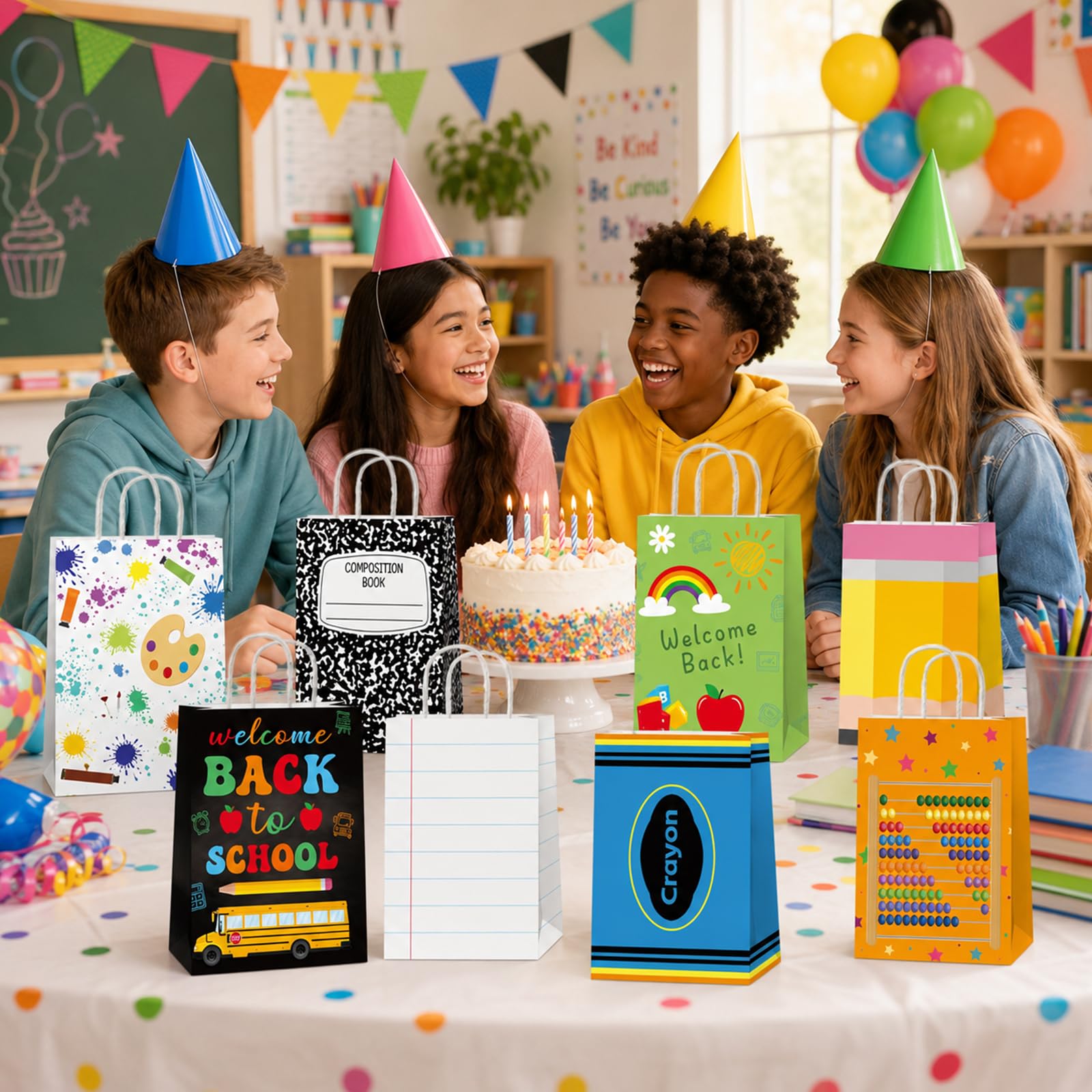 64 sacchetti regalo per il ritorno a scuola Bulk Primo giorno di scuola sacchetti di carta per matite pastello composizione notebook caramelle Goodie Bag apprezzamento insegnante bomboniera per il