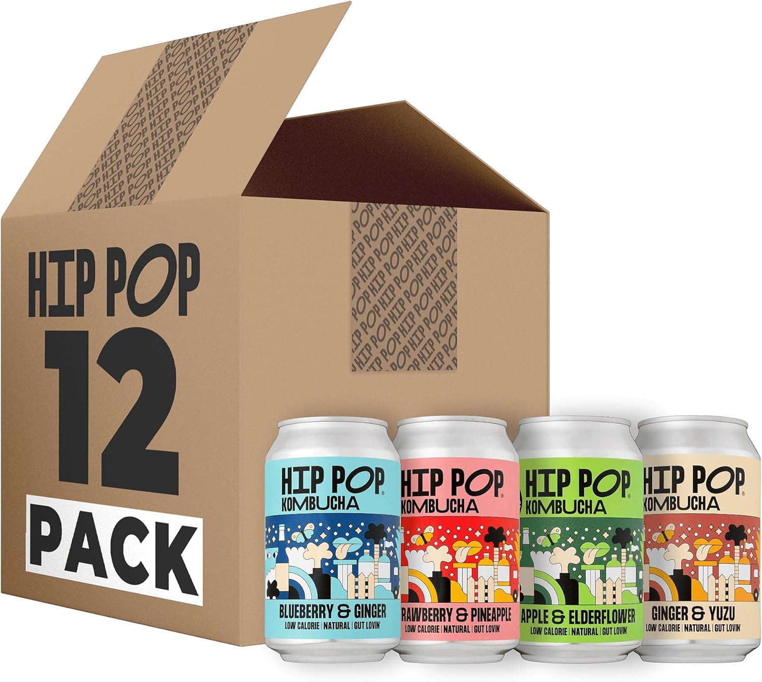 Hip Pop Kombucha, Mixed Flavour Case, Low Calorie, 100% Natural, Vegan, 24 X 33