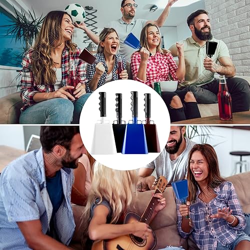Vista 12 de Musfunny Campana de vaca de acero con mango, campanas de mano de animación que hacen ruido fuerte para eventos deportivos, juegos de fútbol, campana