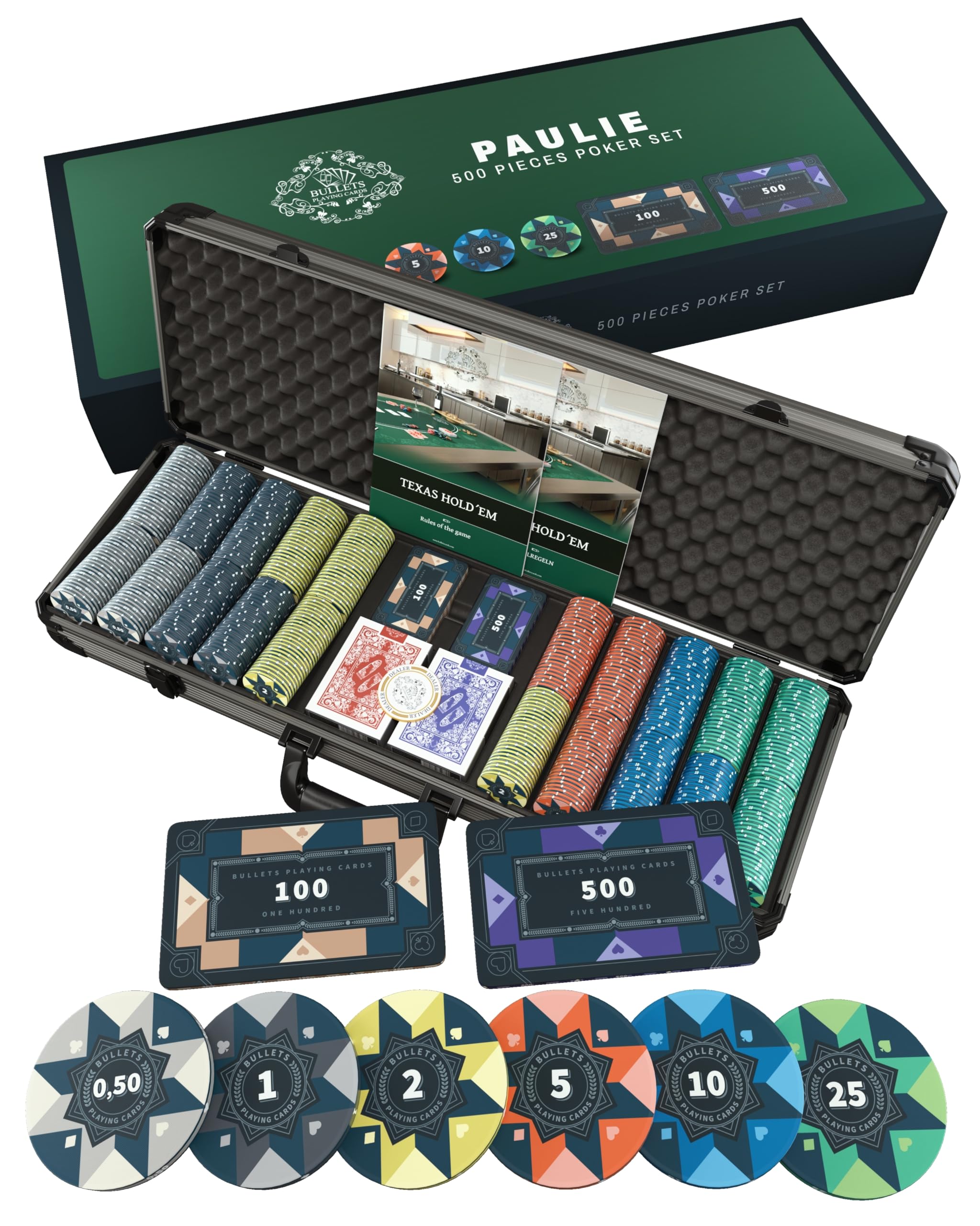 Set Poker Completo Bullets - 300 Chip Ceramica, Carte Plastiche, Plache E Button, Ideale Per Serate Con Amici