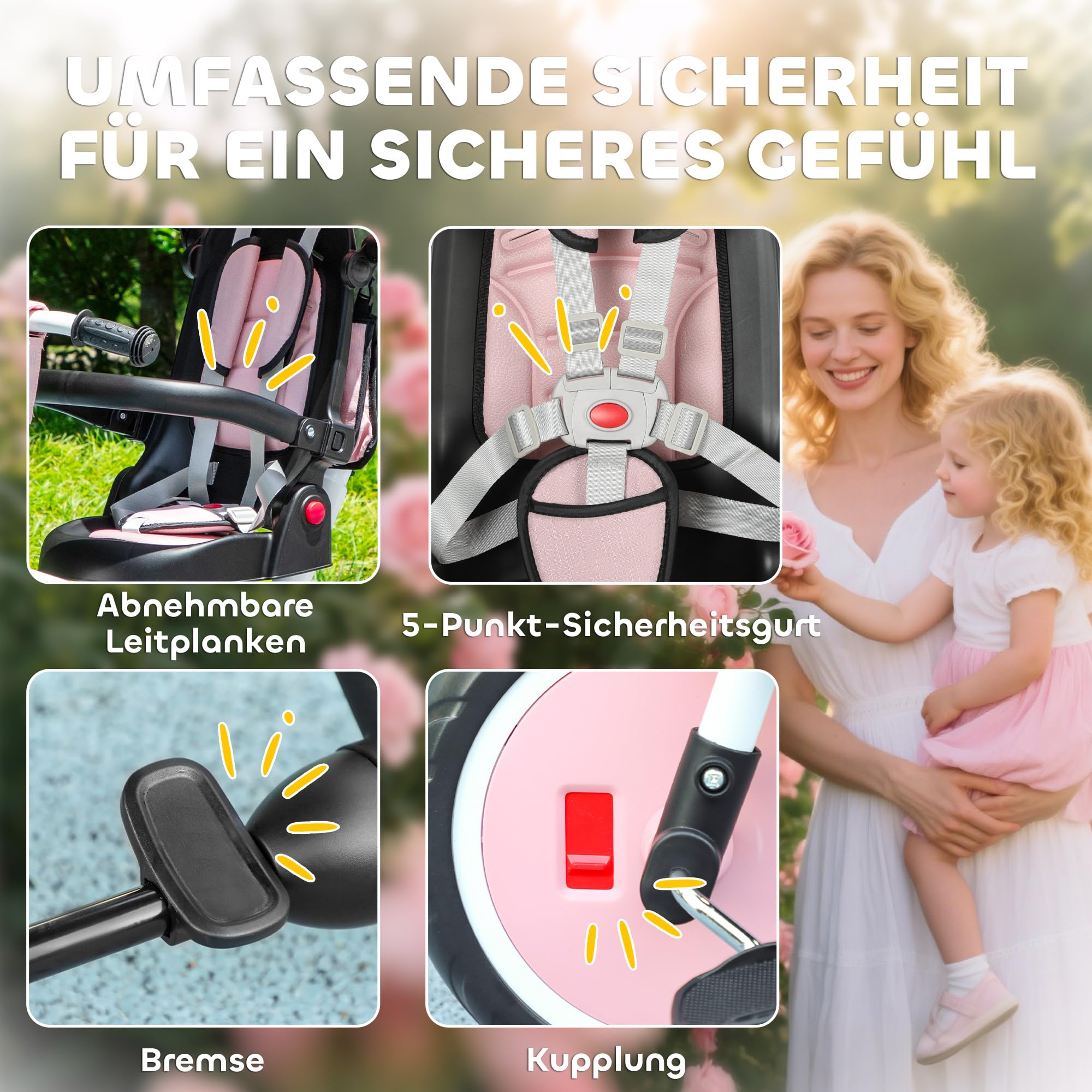 AIYAPLAY Dreirad 6in1 mit Schubstange für 1-5 Jahre Faltbar Kinderdreirad mit drehbarem Sitz, Korb, Tasche, Getränkehalter, klappbar Sonnendach, Sicherheitsgurt Rosa