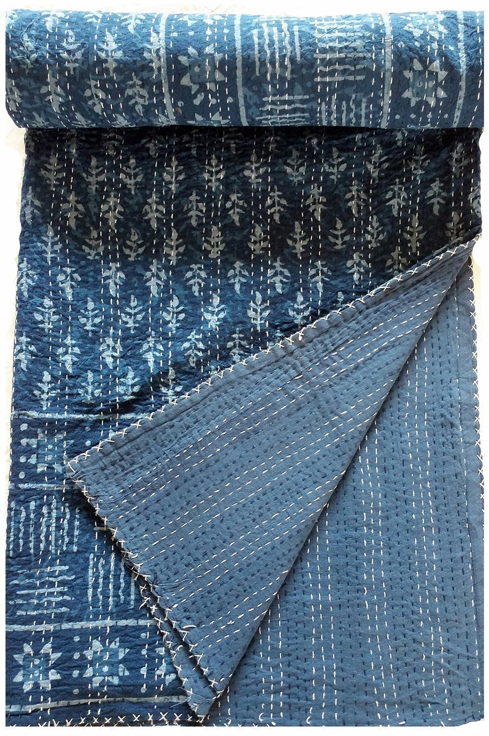 Indian Kantha Quilt Bird Print Patchwork Cotton Bedspread Ethnic Vintage Art Twin 60X90 INCH