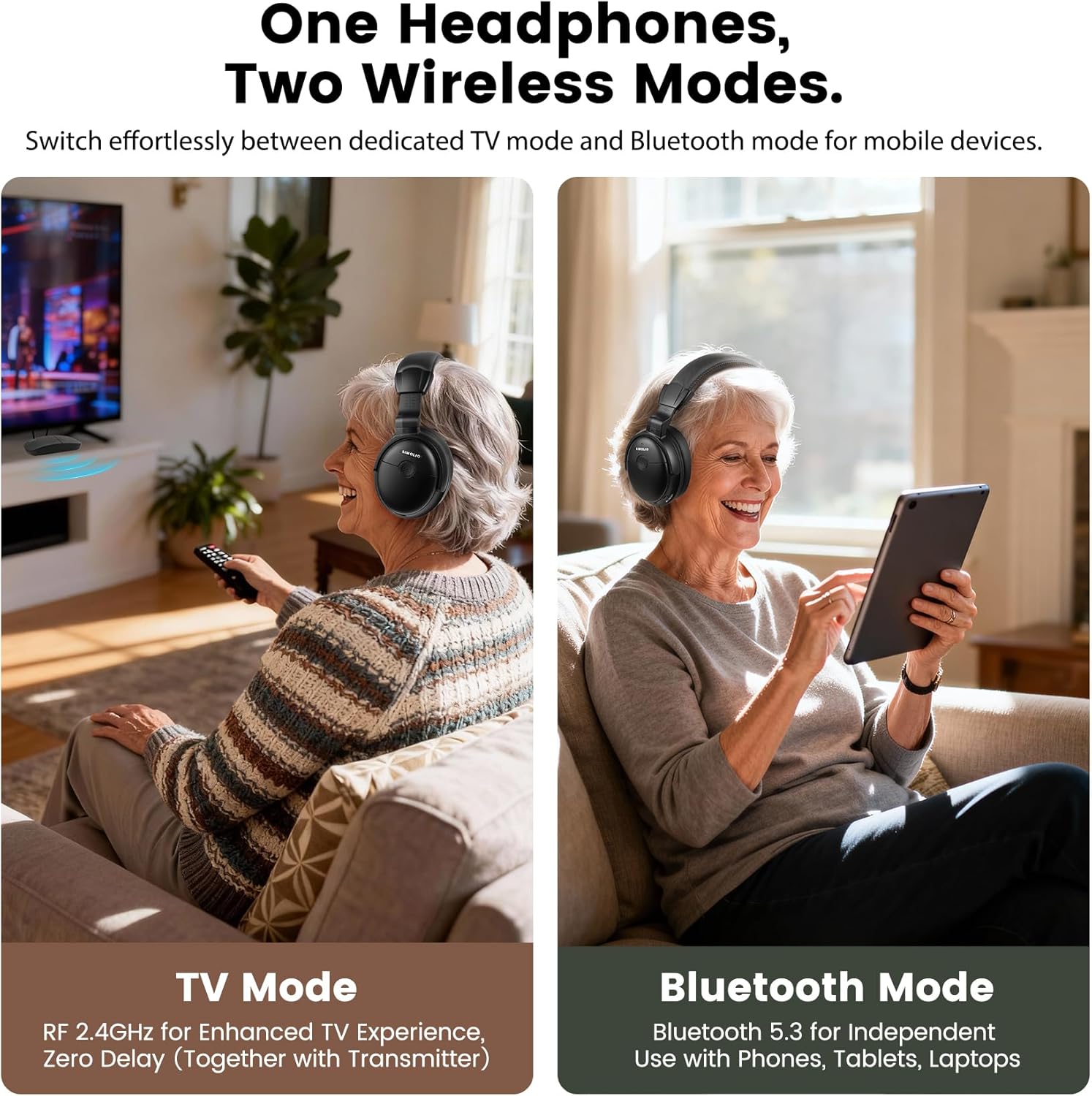 SIMOLIO TV Headphones Wireless for Seniors with Transmitter, 3 Tone Modes with Clear Dialog, RF & Bluetooth Headphones for TV Watching, Zero Audio Delay, 164FT/50M Range, Optical, RCA, AUX Support