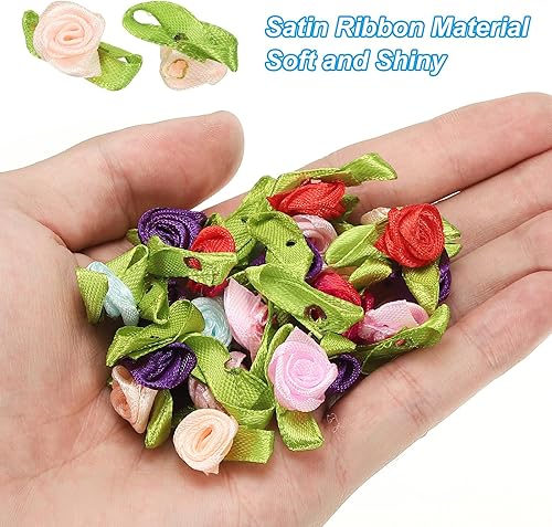 Miniatura 4 de PATIKIL Mini rosas de cinta, 100 unidades, pequeñas flores de tela de satén con adornos de hojas verdes, rosetas para manualidades, costura, boda,