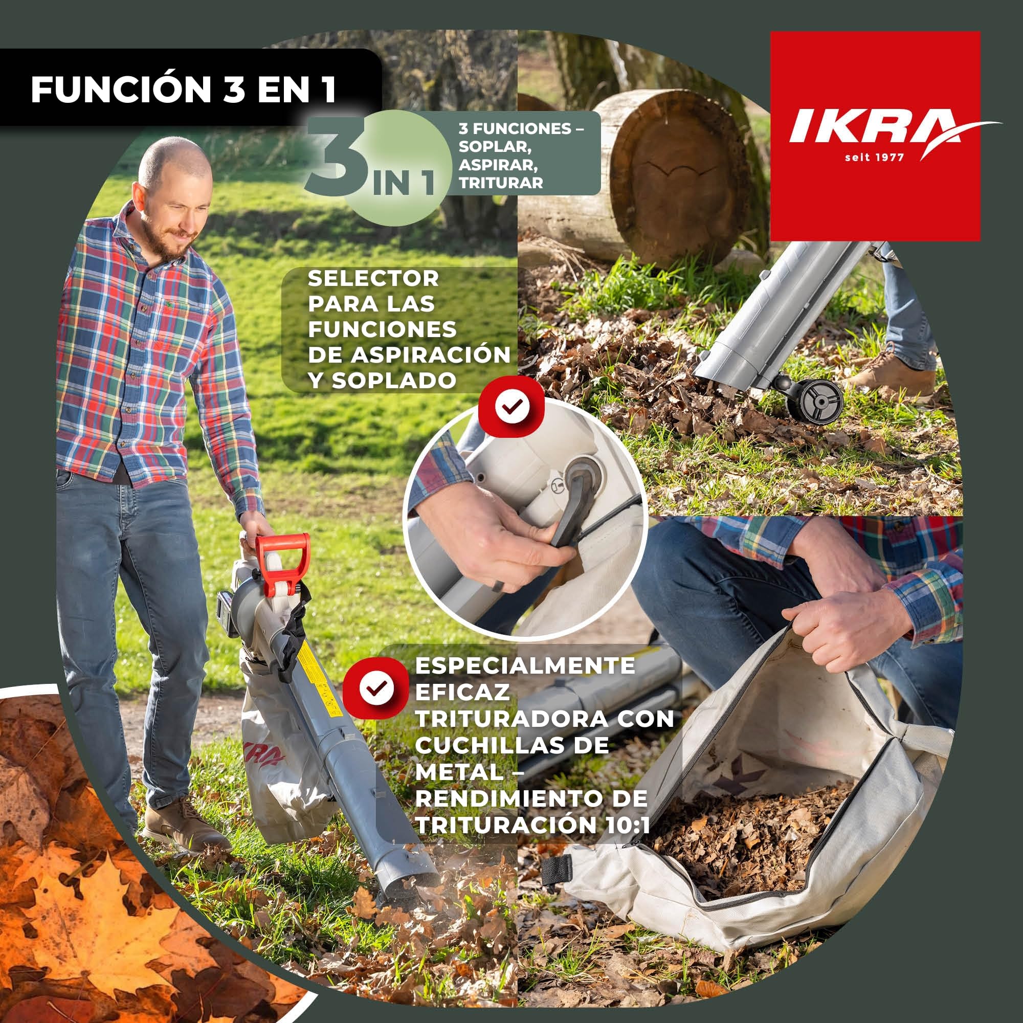 IKRA soplador de Hojas 3en1 IALS 2-20, Incluye 2 baterías de 20V y Cargador | Selector función de aspiración y soplado, hasta 210 km/h, incl. bolsa de 45 l y cinta de hombro, gama de baterías de 20V IKRA