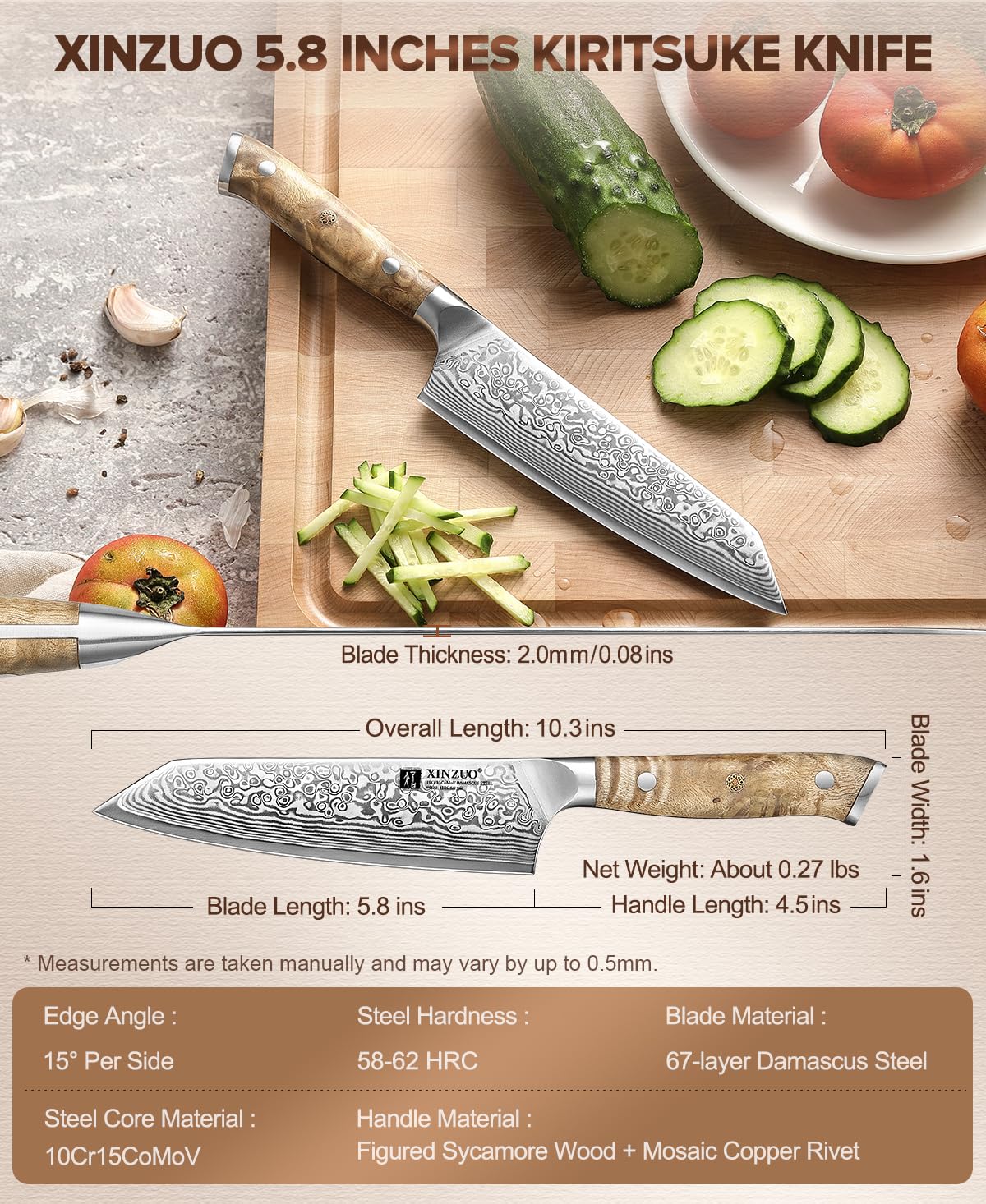 XINZUO Kiritsuke Chef Knife 5.8",Sharp Forged Damascus Stainless Steel Sharp Small Kitchen Knife,For Home & Restaurant,Full Tang Figured Sycamore Wood And Mosaic Copper Rivet Handle — Amazon image 5