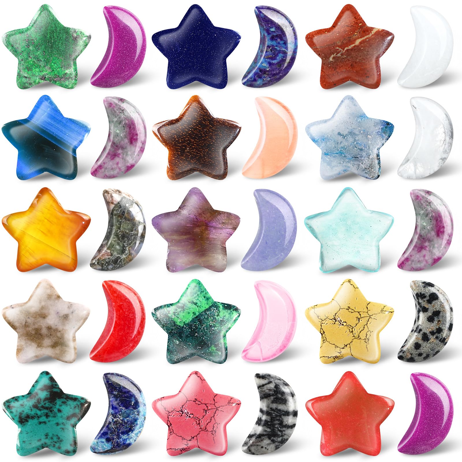 Nuenen 30 Pieces Worry Stones Bulks Moon Star Shaped Crystals Gemstone Star Bulks Palm Moon Hand Carved Thumb Stones for Witchcraft Supplies DIY Meditation Balancing(Elegant Colors)
