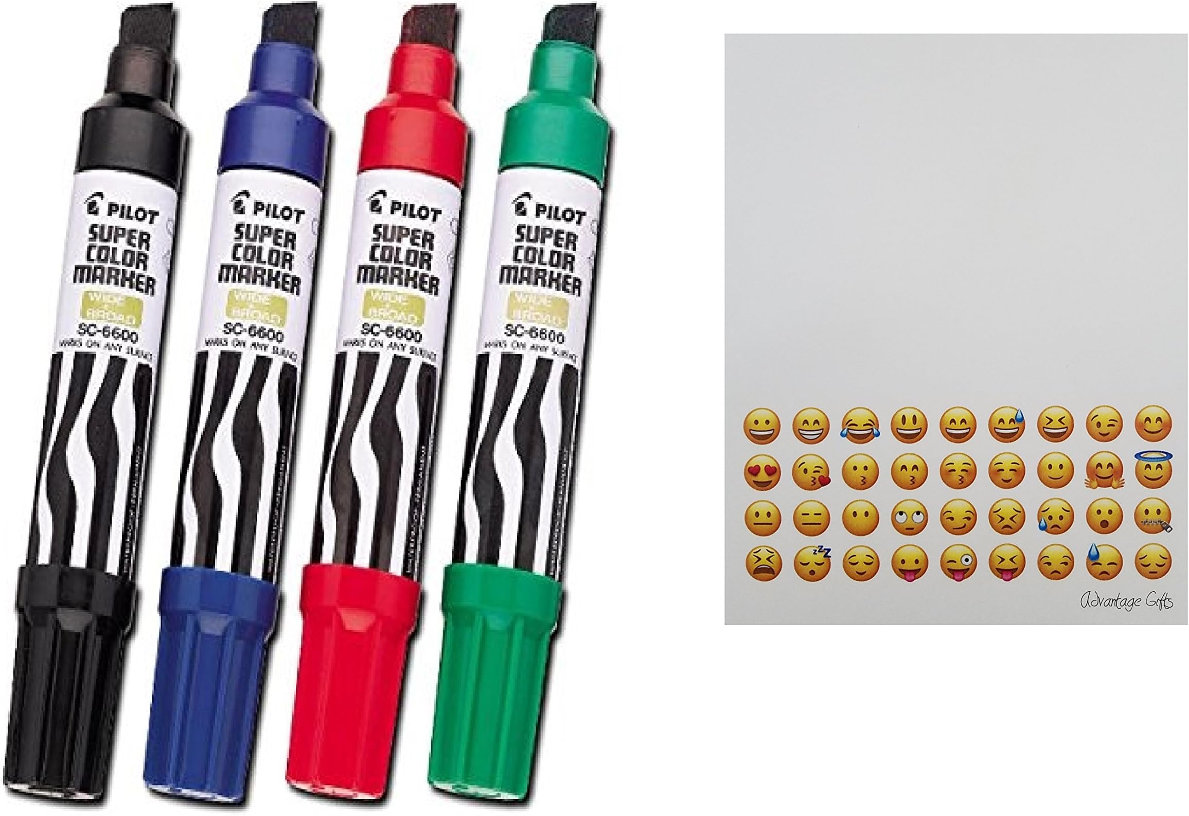 PILOT Jumbo Refillable Permanent Marker, Chisel Tip,Kit Black Red Blue Green Plus Free Gifts Emoji Printed Notepad From Advantage Gifts