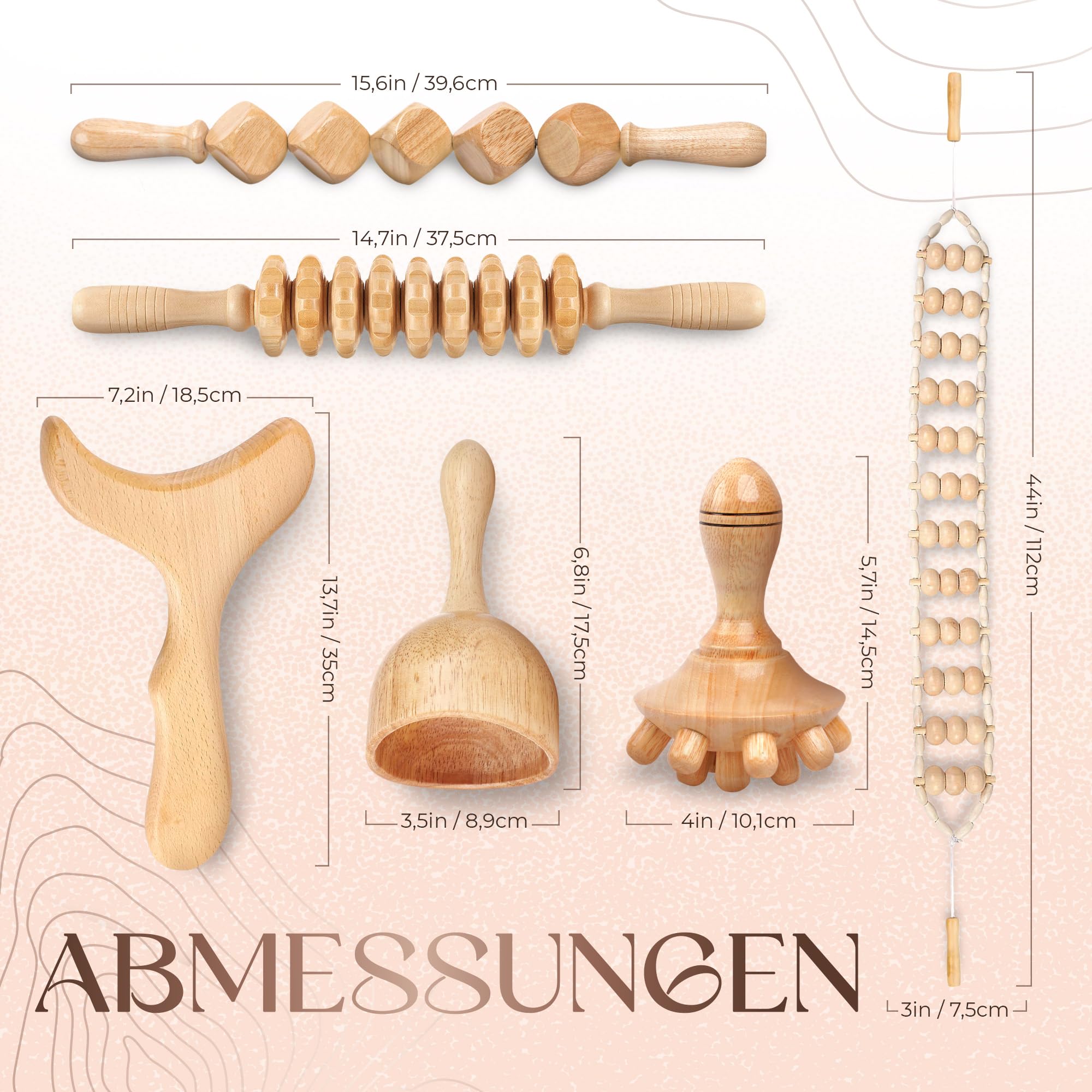 Ezero Maderotherapie Set 6 Stück – Professionelles Maderotherapie Holz Massage Set & Wood Therapy Massage Tools mit Faszienstab – Für Lymphdrainage, Anti-Cellulite Massage und Körperformung