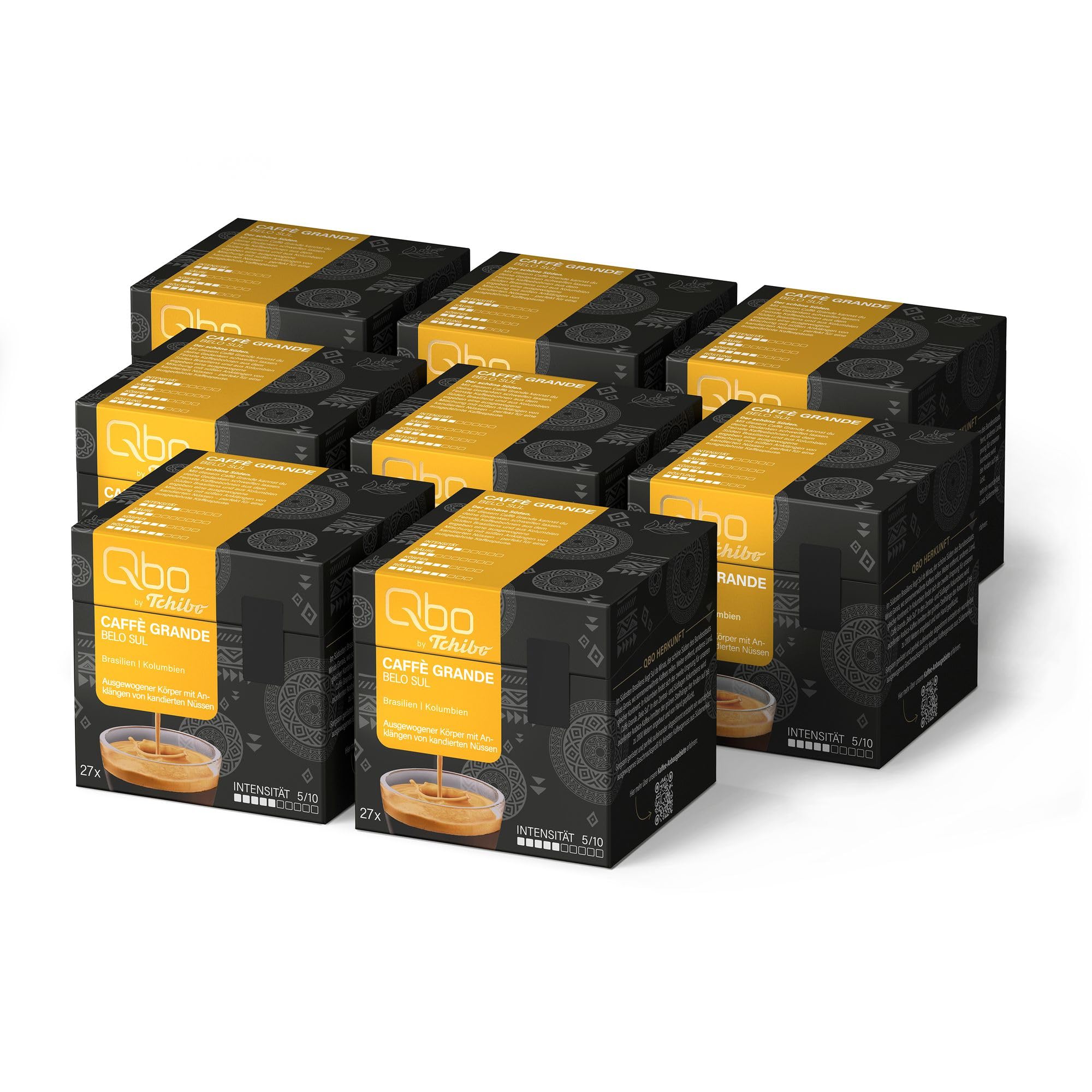 Tchibo Qbo Caffè Grande Belo Sul Premium Kaffeekapseln, 216 Stück – 8x27 Kapseln (Caffè Grande, Intensität 5/10, ausgewogen und nussig), nachhaltig & aus 70% nachwachsenden Rohstoffen¹