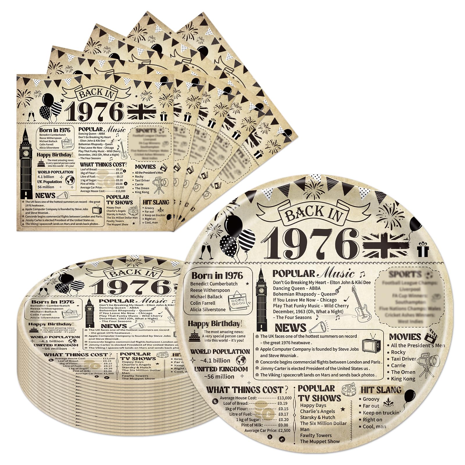 Eiapadeor 50th Birthday Decorations Tableware Set - 50 Pcs 50th Birthday Party Plates and Napkins Vintage Back in 1976 Disposable Plates Set for Women Men Him Her 50 Year Old Party Supplies