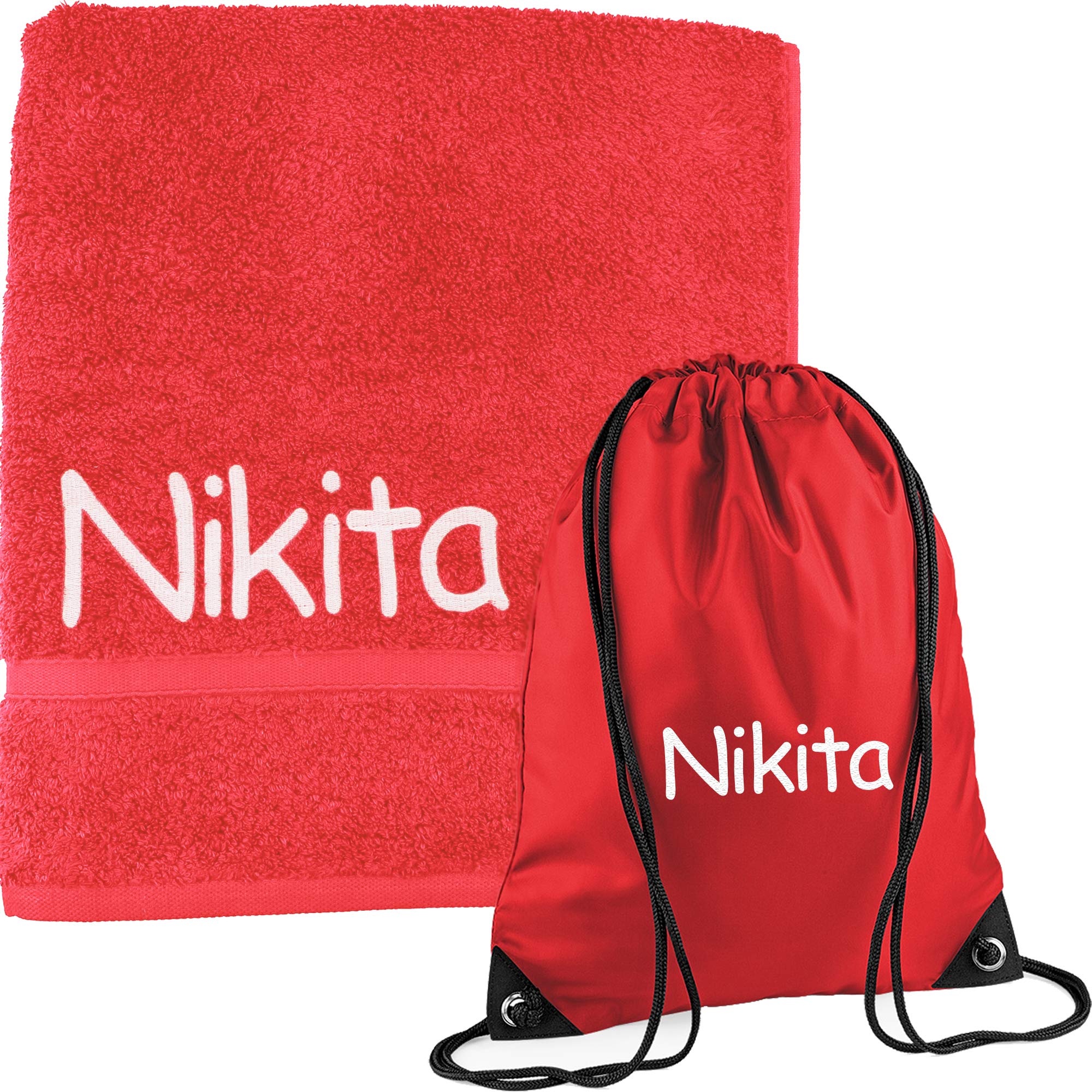 Teddyt's Red Personalised Back To School Swim Towel & Drawstring Gym Bag (Red)