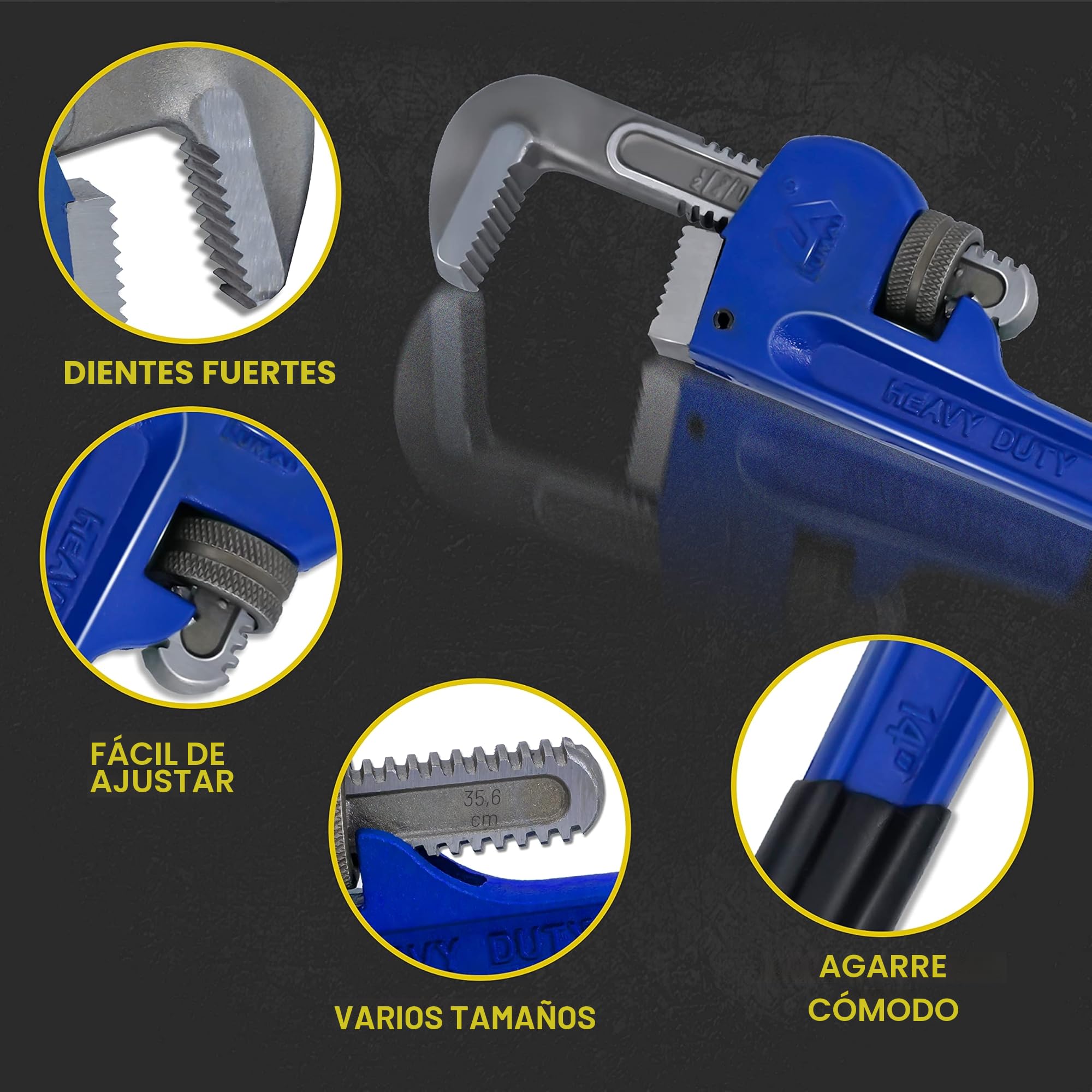 Juego de 4 llaves de tubo resistentes tratadas térmicamente ajustables de 8, 10, 12, 14 pulgadas, juego de llaves de fontanería de agarre suave con bolsa de almacenamiento