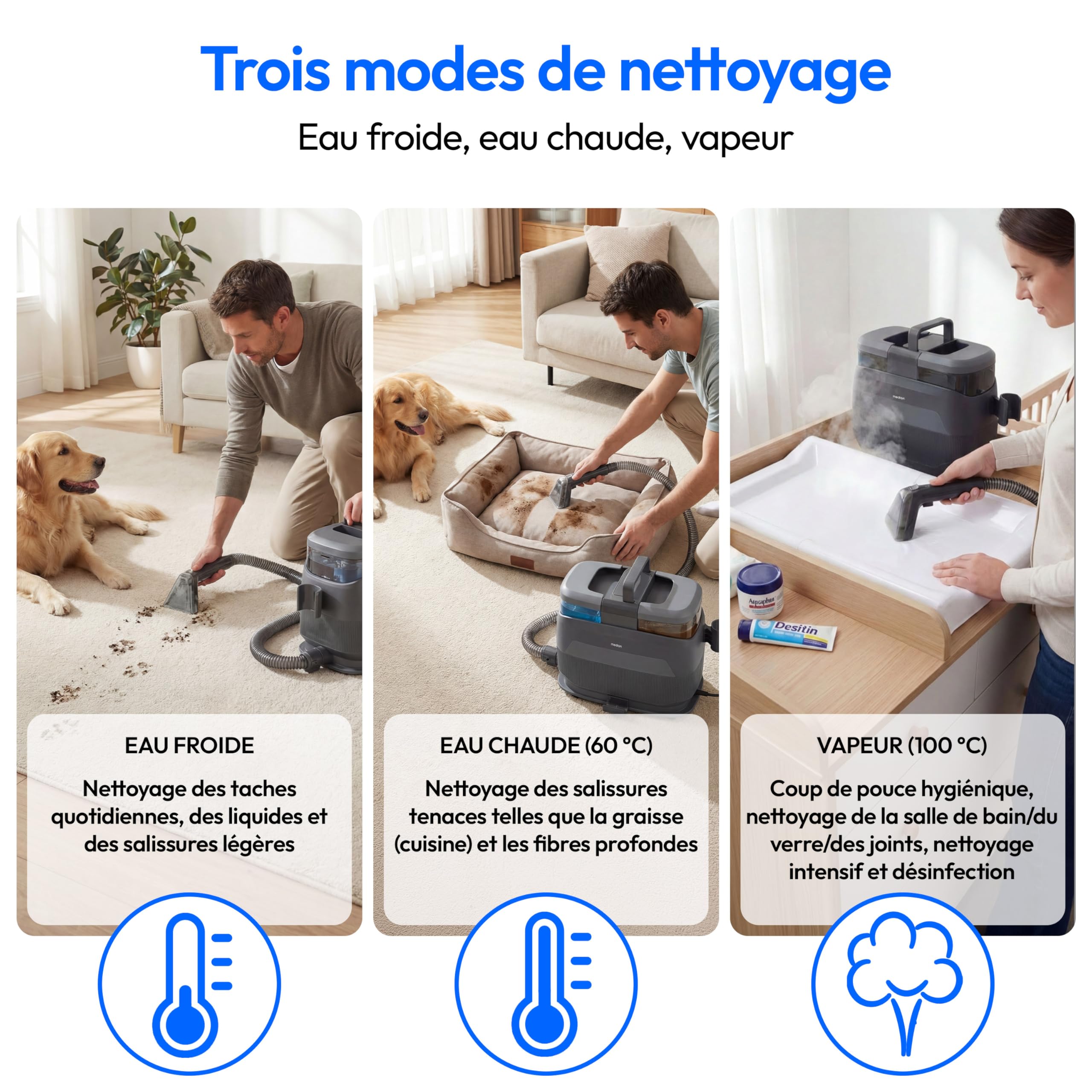 MEDION X10 UC Nettoyeur de tissus injecteur extracteur (Aspirateur eau pour tissus, moquettes et sièges auto, eau froide, eau chaude, vapeur, réservoir d'eau propre et d'eau sale, embout pour vitres,