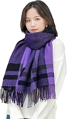 Alidamo Scarf Cashmere Feel Wool Tassel Pashmina Shawl Large Soft Blanket Scarves Plaid, Purple-Navy