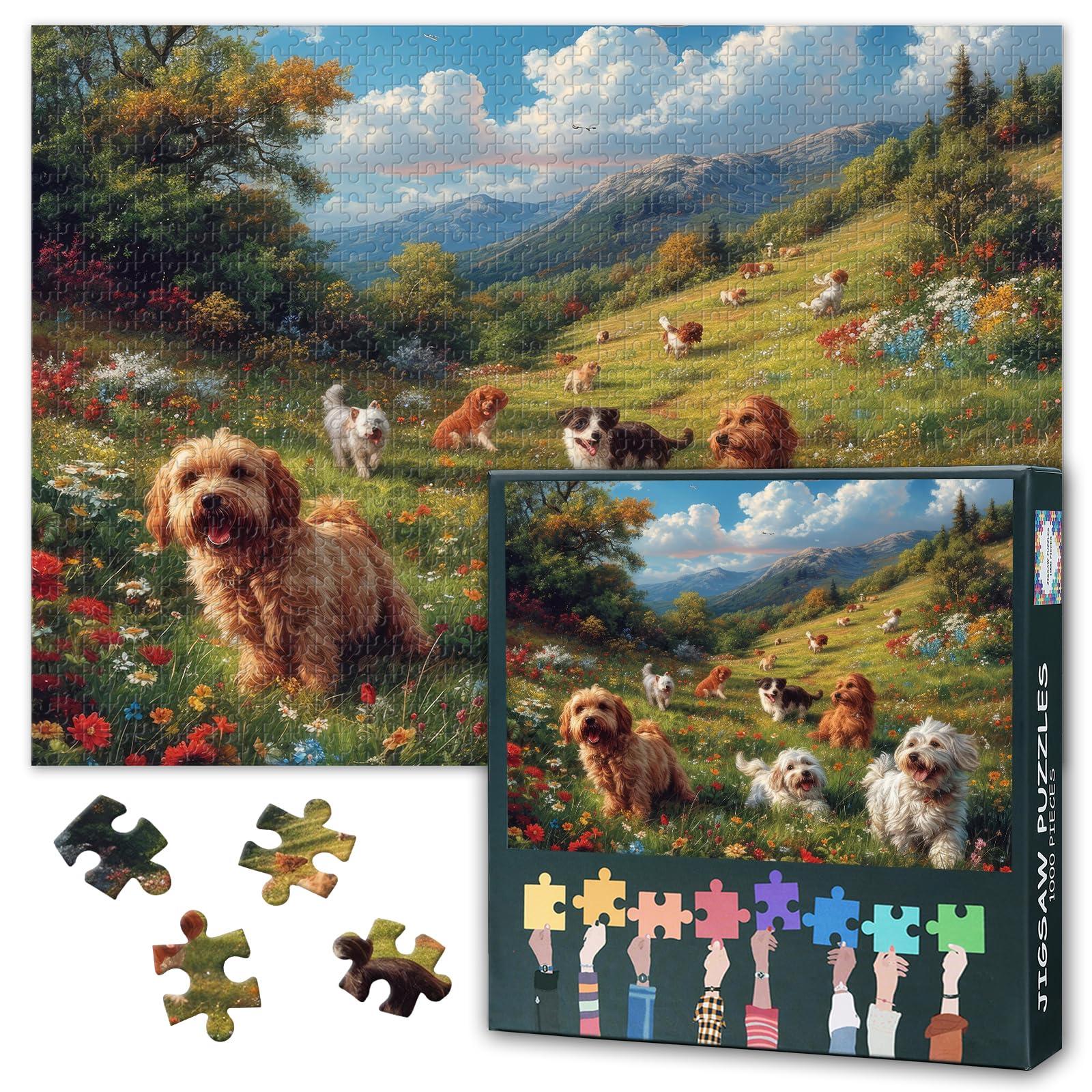 1000 Piece Puzzle for Adults, Dogs in a Field of Flowers, 70x50cm High-End Jigsaw, Perfect Interlocking Fit, Wall Decor After Completion, Creative Gift for Art Enthusiasts, with Poster