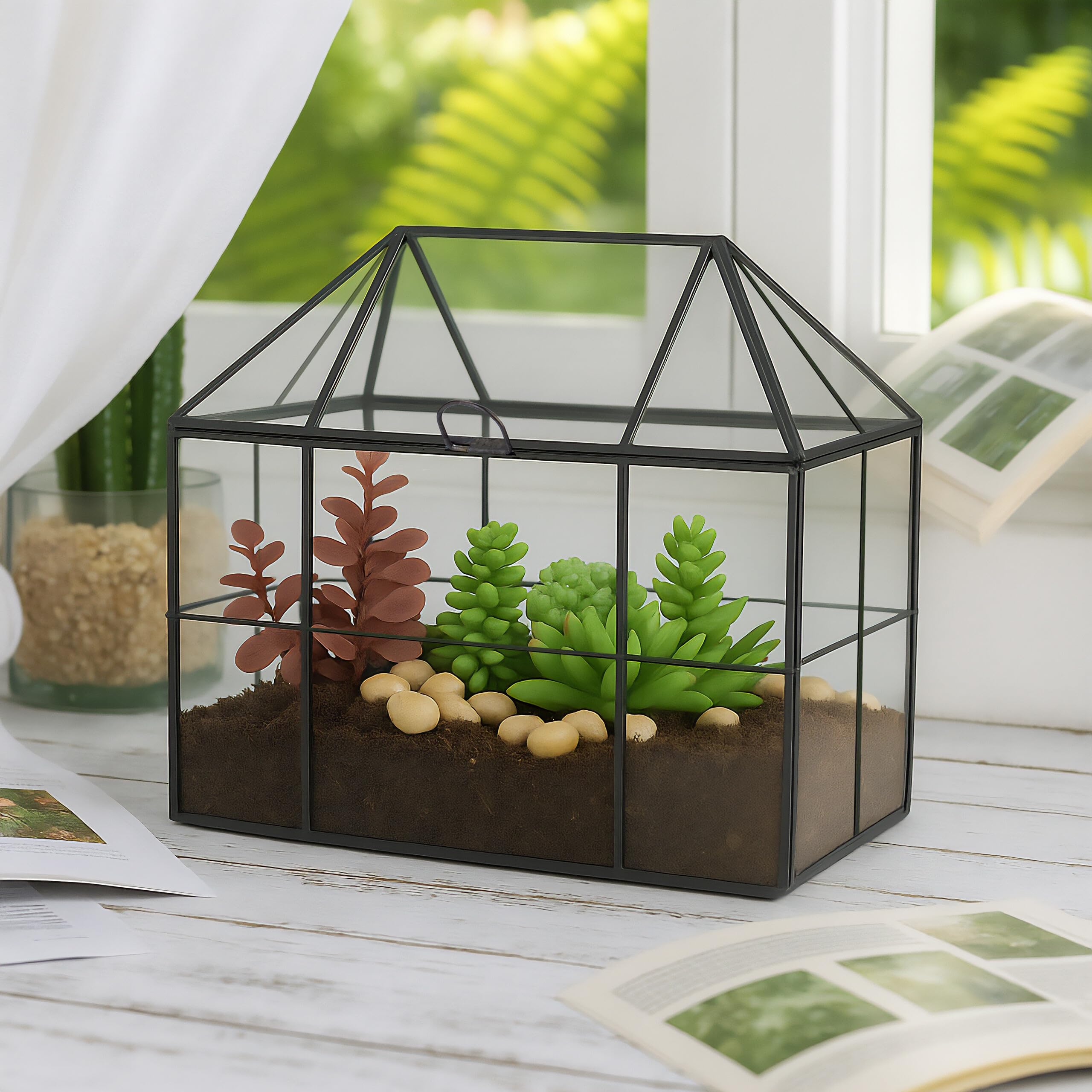 Relaxdays Terrario Plantas, Cristal y Cobre, 21x23x14 cm, Casa Decorativa Vidrio para Cactus y Musgo, Terrarium, Negro